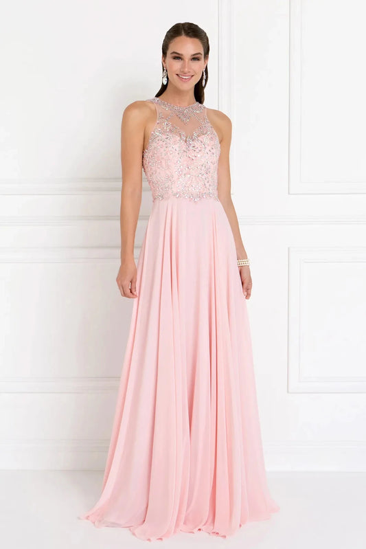 Full-length front view shows sequin styling on the Blush prom evening dress.