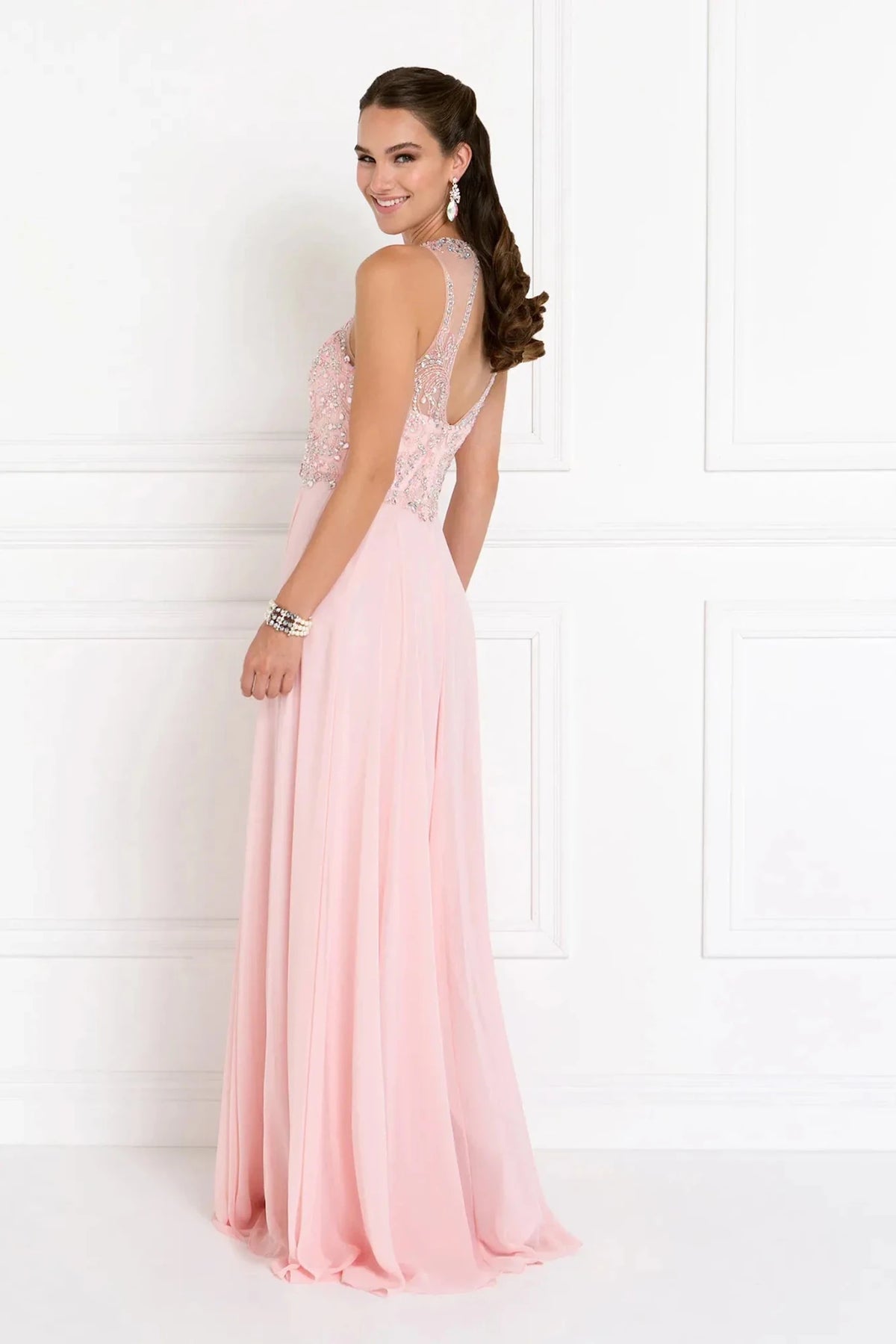 Blush prom evening dress full back with back detail