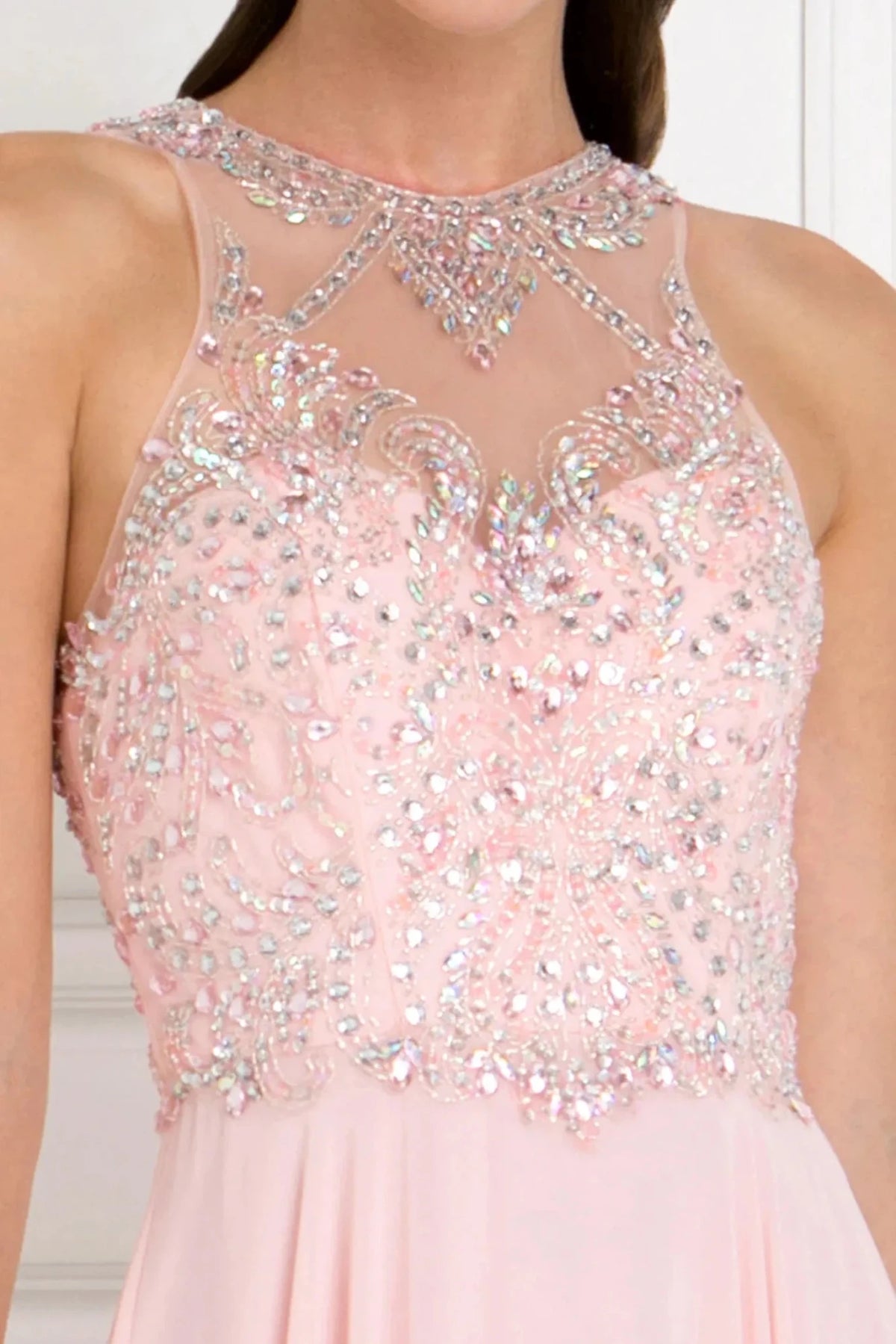 Blush illusion sweetheart prom evening dress upper front with beads, jewel, sequin