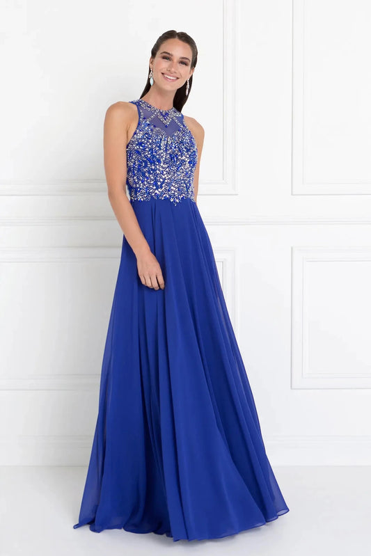 Full-length front view shows sequin styling on the Royal Blue prom evening dress.