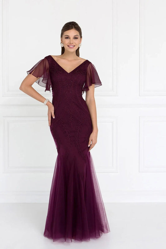 Back detail shows eggplant embellished embroidery formal dress back bodice detail.