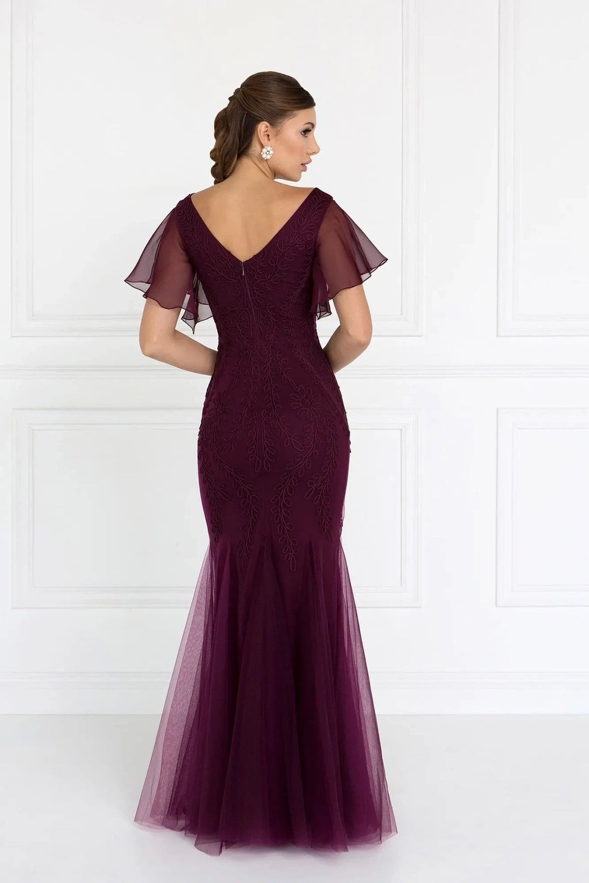 Eggplant embellished embroidery formal dress front bodice view