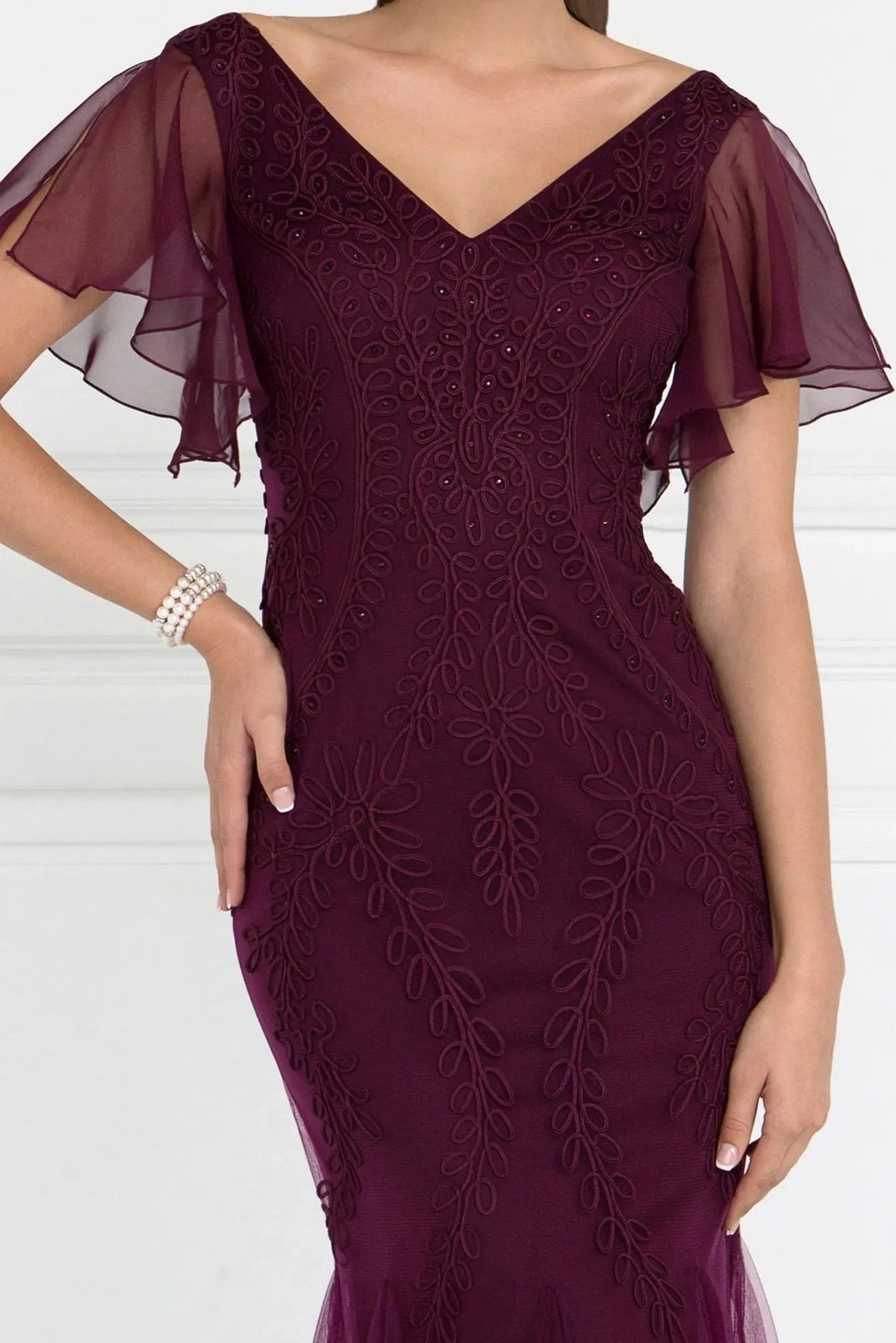 Eggplant embellished embroidery formal dress full back view