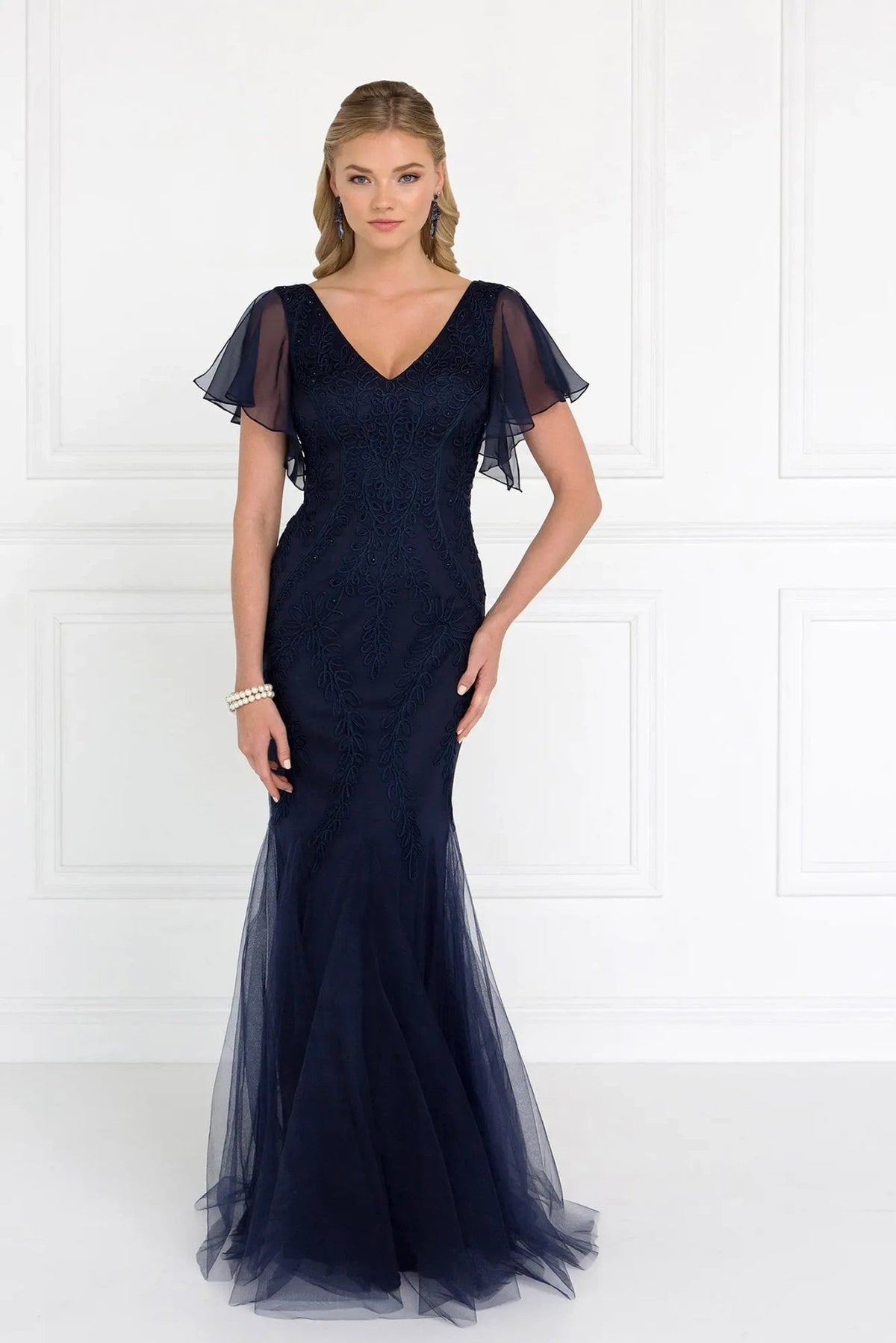 Navy embellished embroidery formal dress back bodice detail