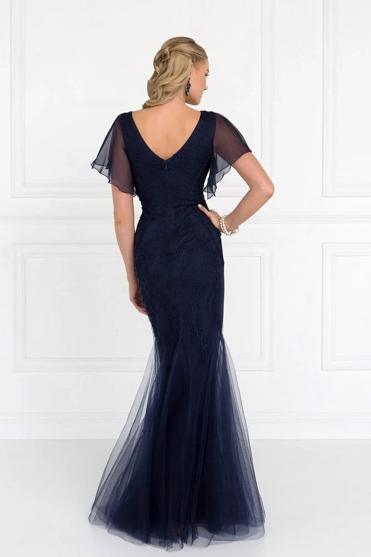 Navy embellished embroidery formal dress full back view