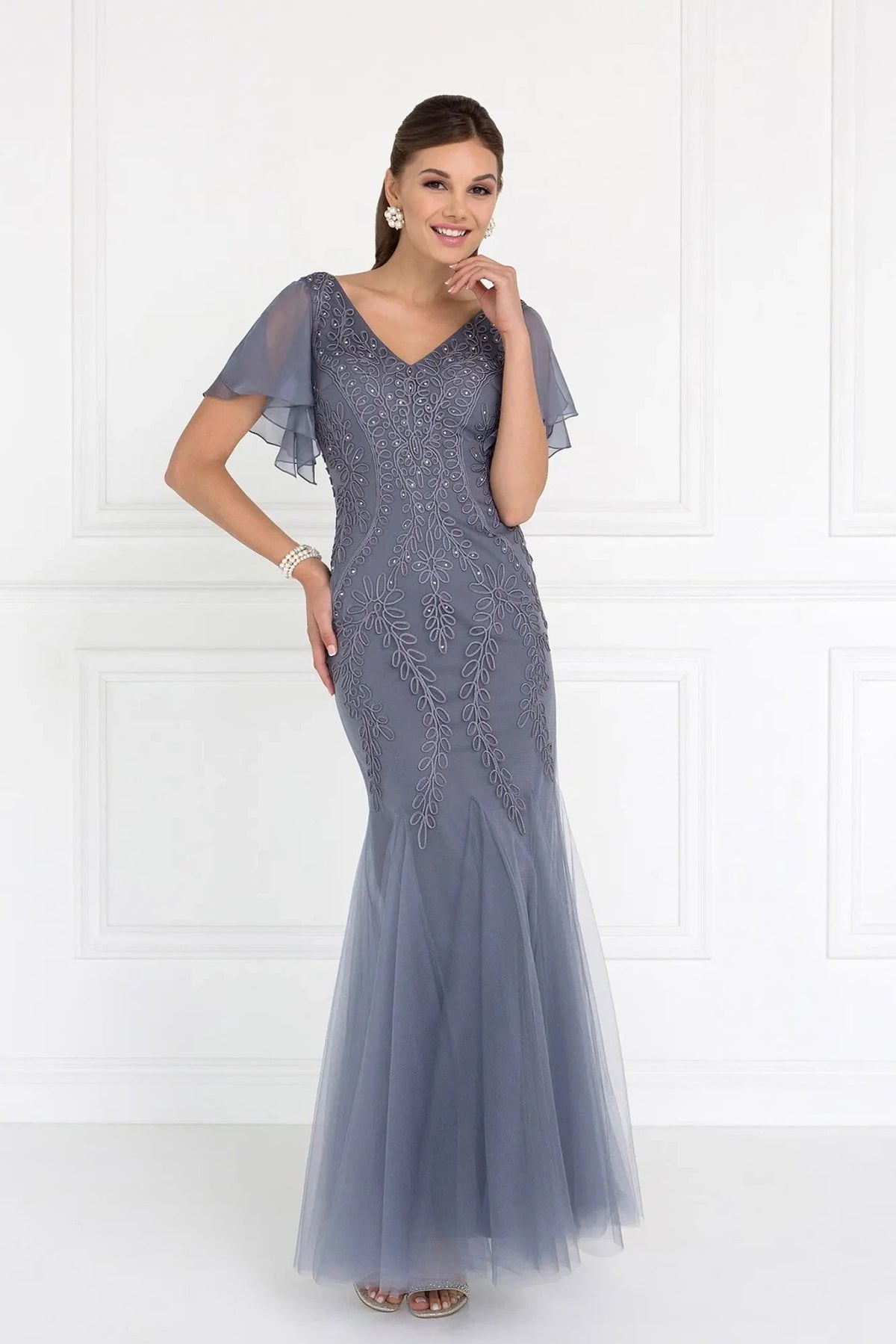 Silver embellished embroidery formal dress front bodice view