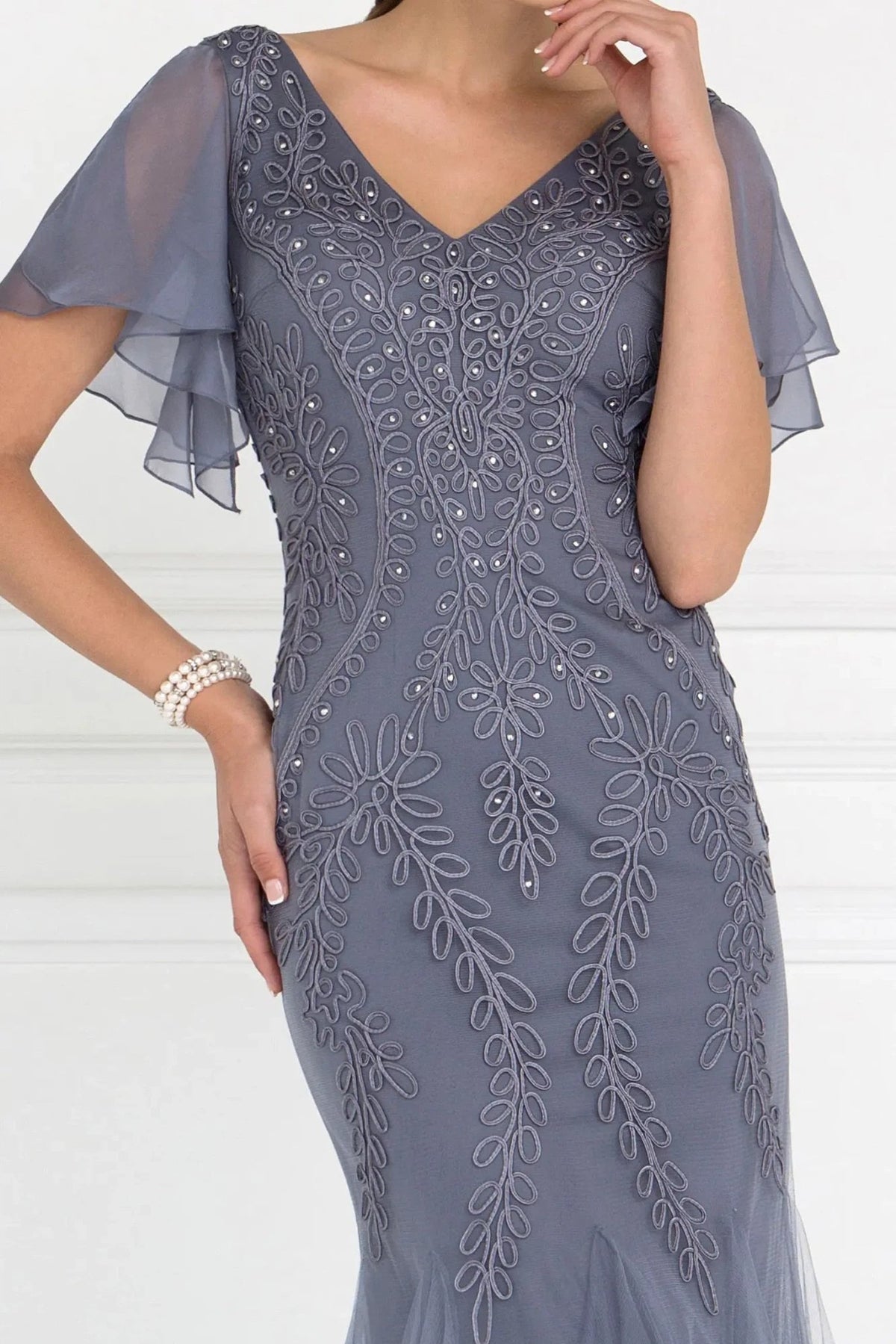 Silver embellished embroidery formal dress full front view