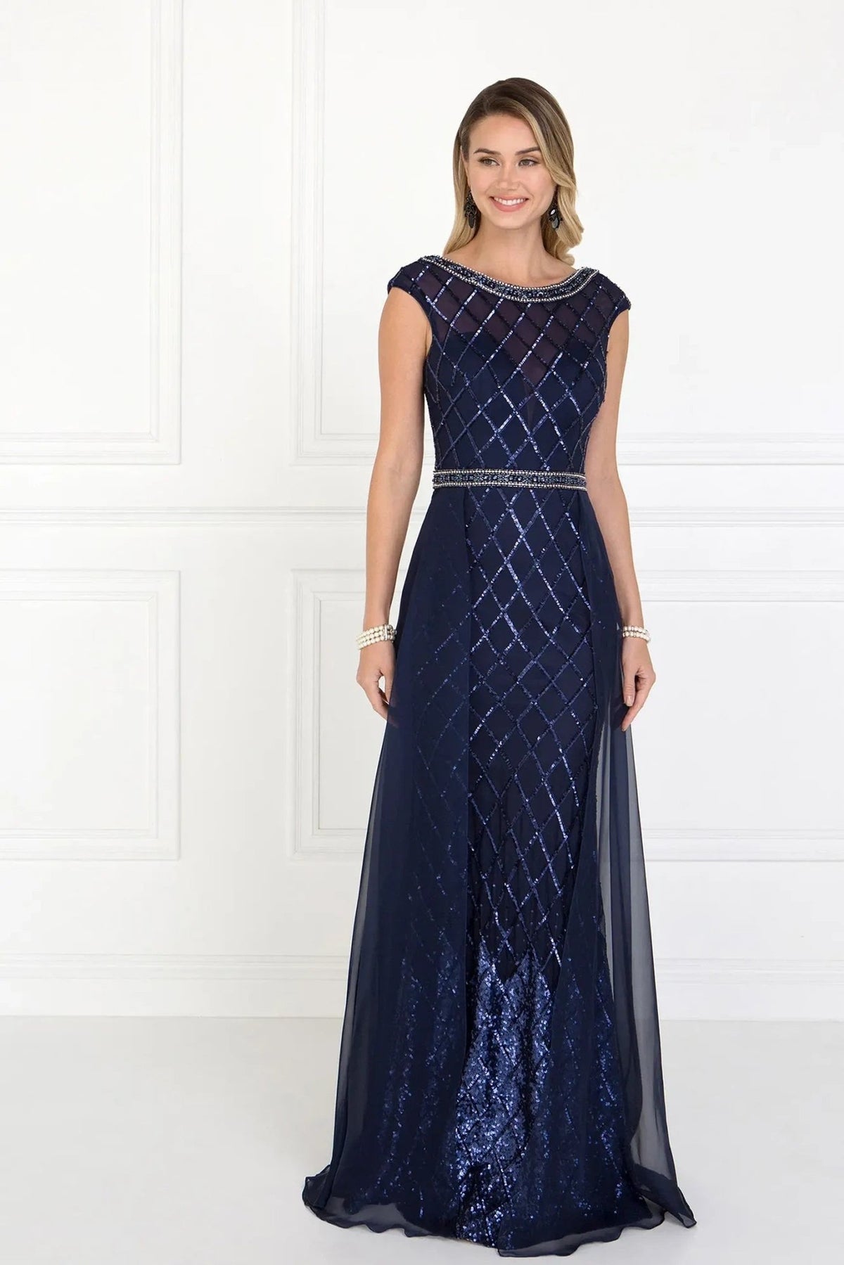 Navy beading embellished sequins formal dress front bodice view