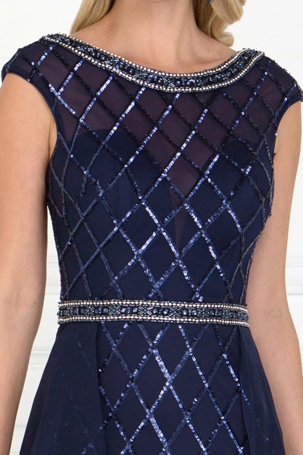 Navy beading embellished sequins formal dress full front view