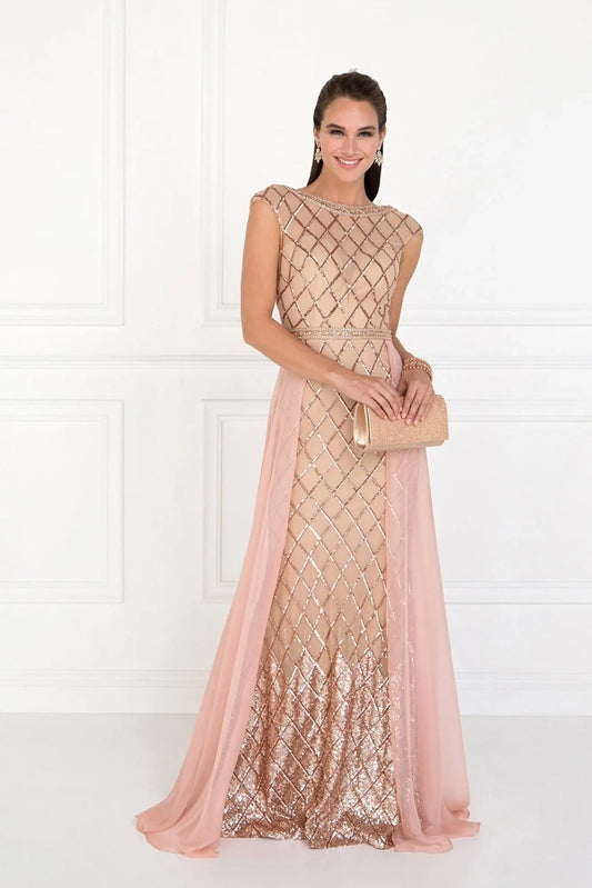 Skirt detail shows rose Gold beading embellished sequins formal dress skirt detail.