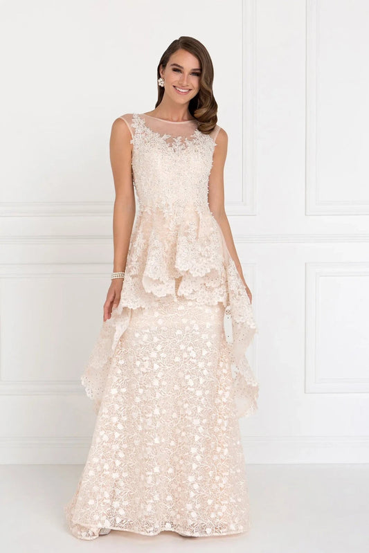 Detailed view highlights champagne beading embellished formal dress detail.