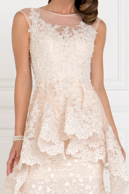 Back detail shows champagne beading embellished formal dress back bodice detail.