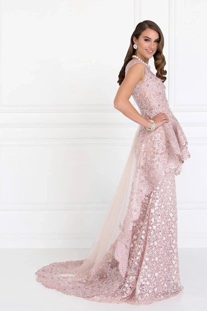 Back detail shows dusty Rose beading embellished formal dress back bodice detail.