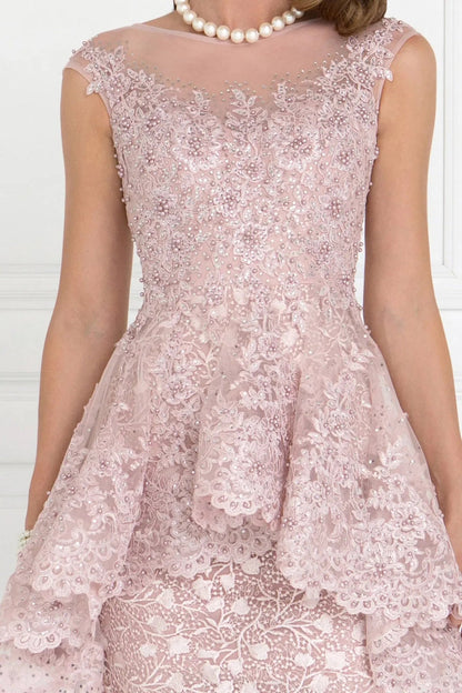 Bodice close-up highlights dusty Rose beading embellished formal dress.