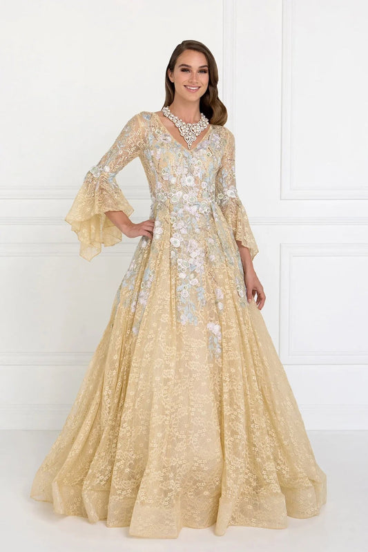 Rear view reveals champagne embellished embroidery floral formal dress.