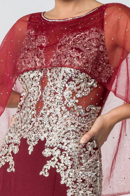 Bodice close-up highlights burgundy embellished embroidery formal dress.