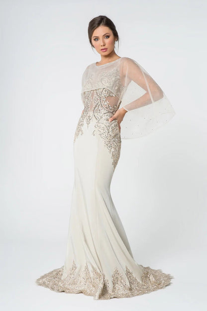 Bodice close-up highlights champagne embellished embroidery formal dress.