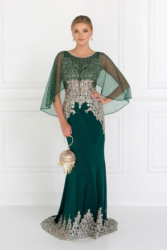 Detailed view highlights hunter Green embellished embroidery formal dress detail.