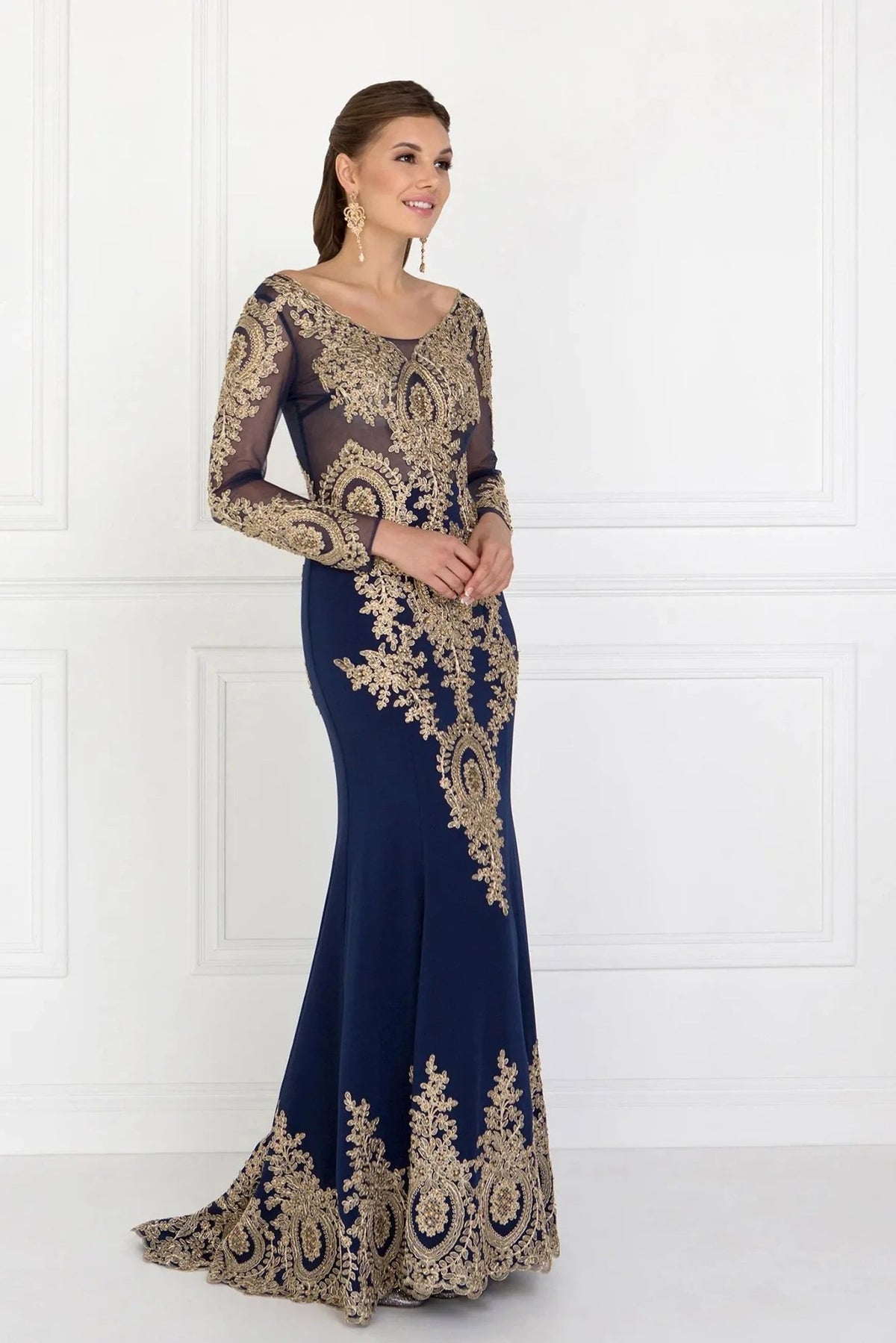 Navy embellished embroidery formal dress full front view