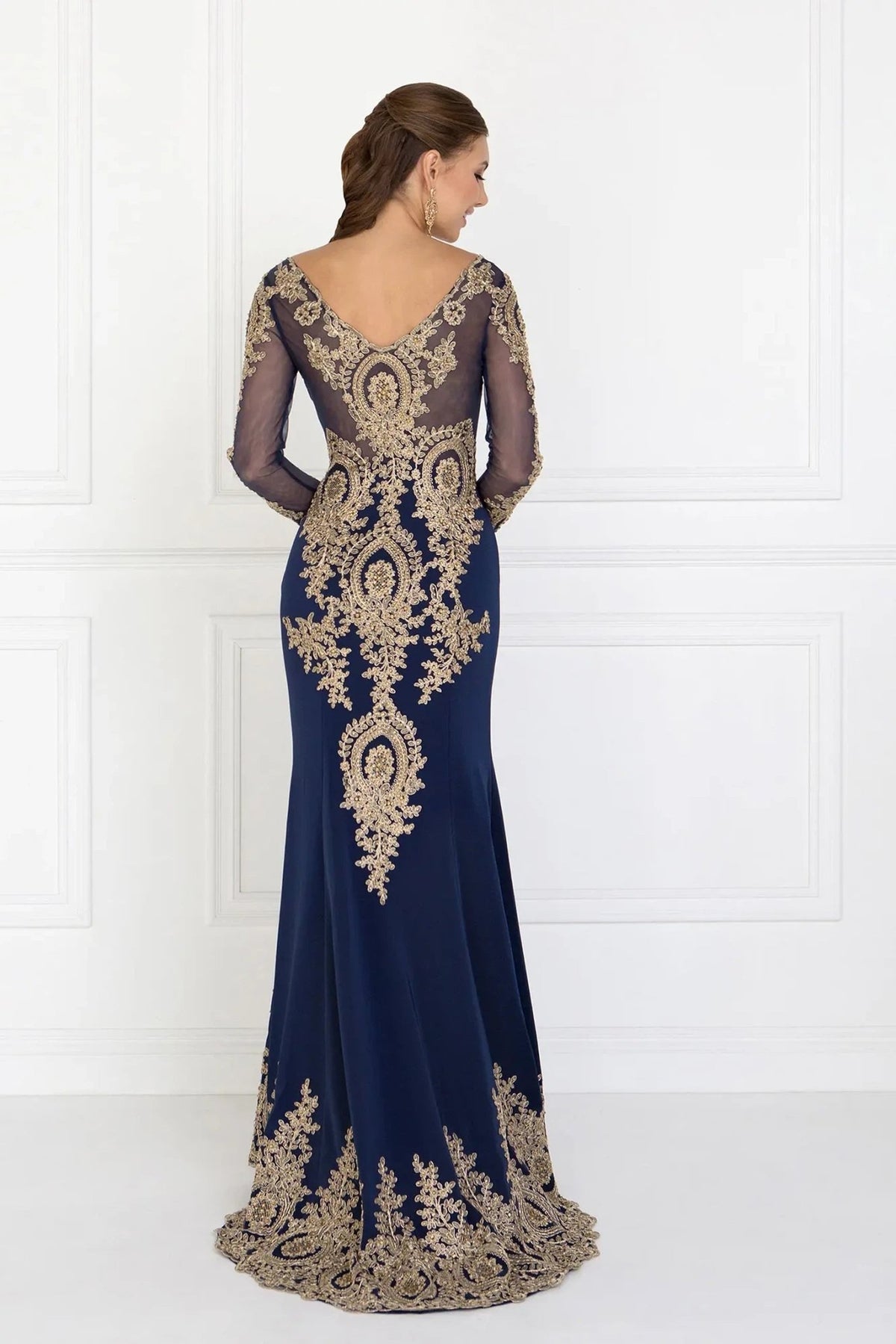 Navy embellished embroidery formal dress detail