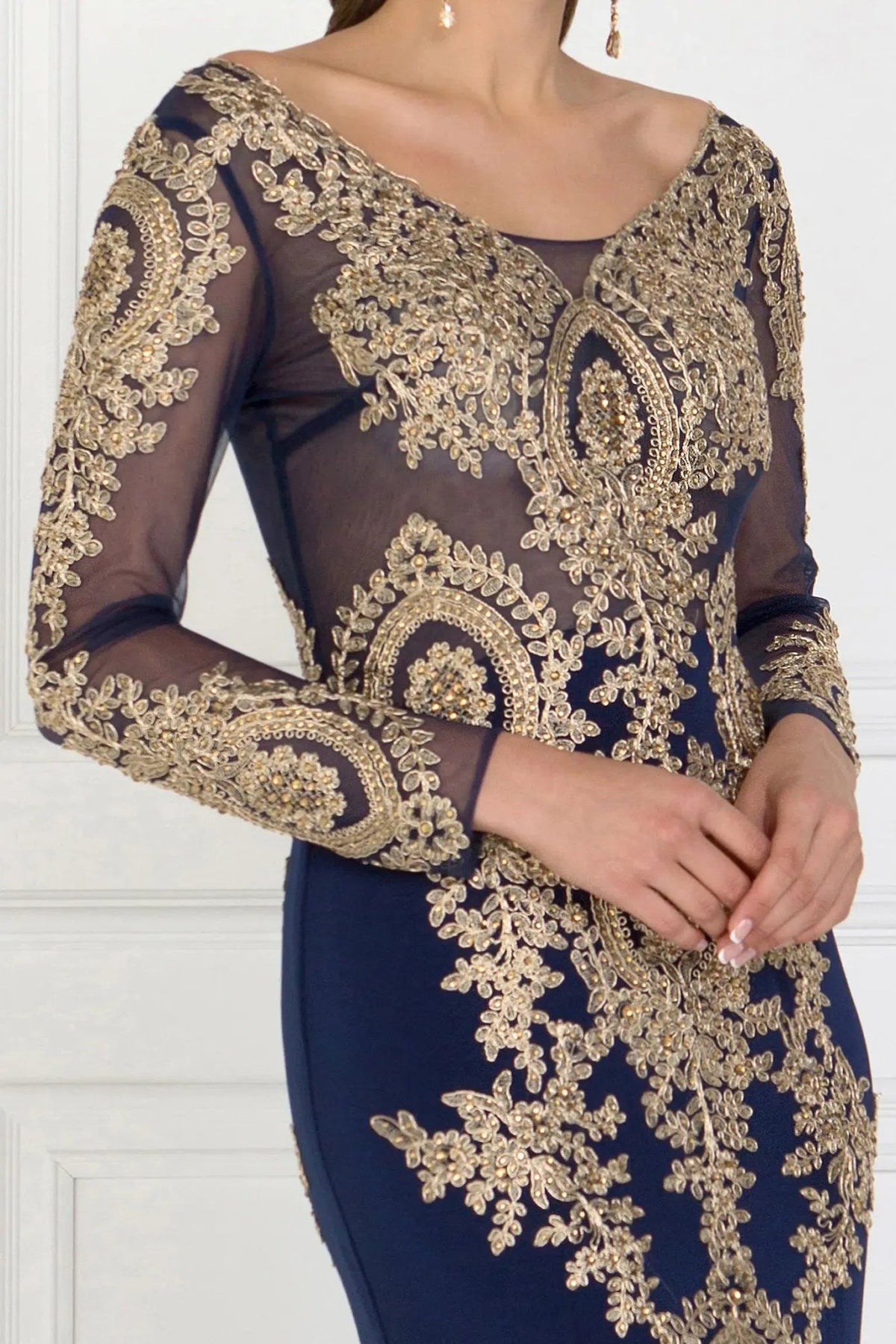 Navy embellished embroidery formal dress skirt detail