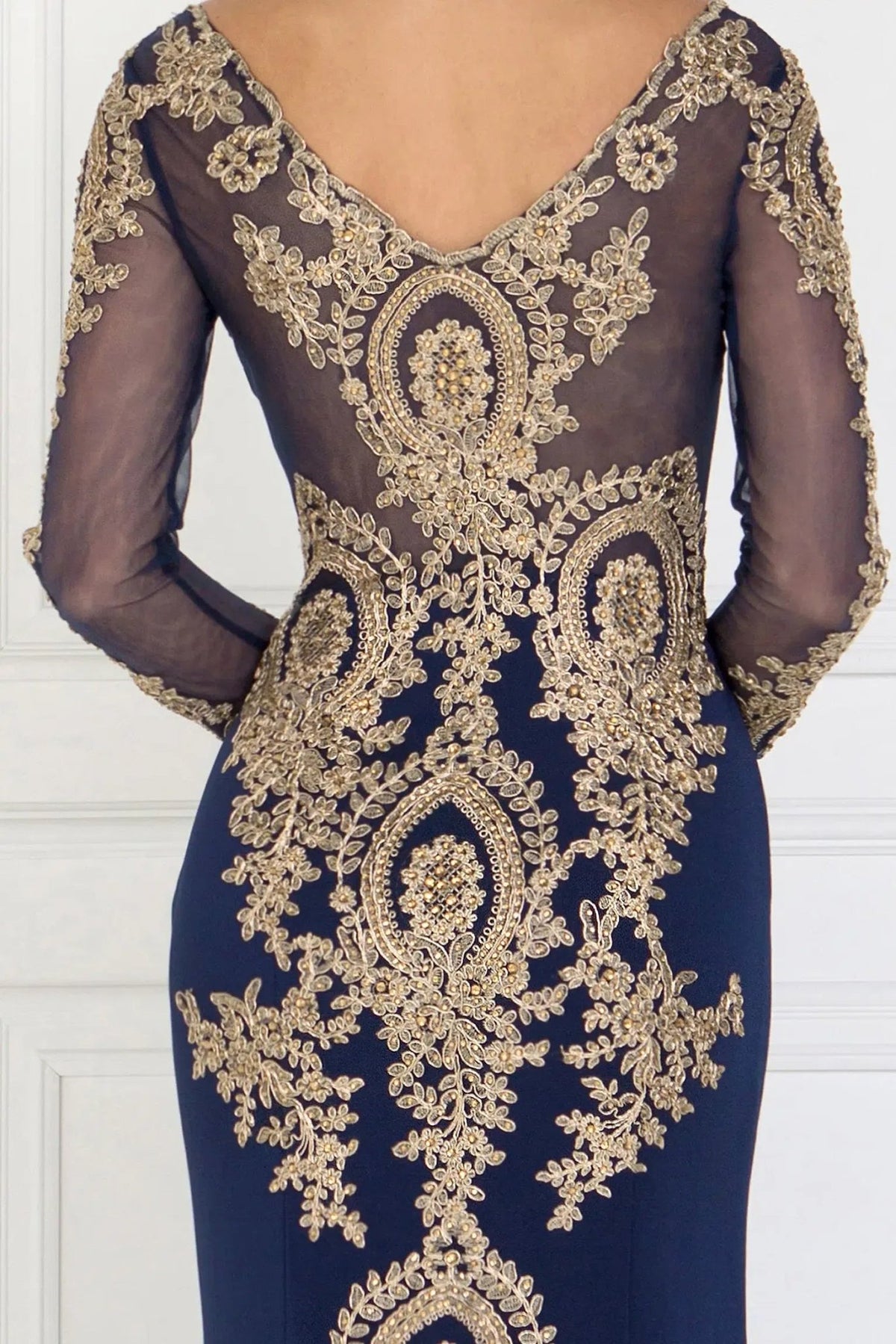 Navy embellished embroidery formal dress back bodice detail