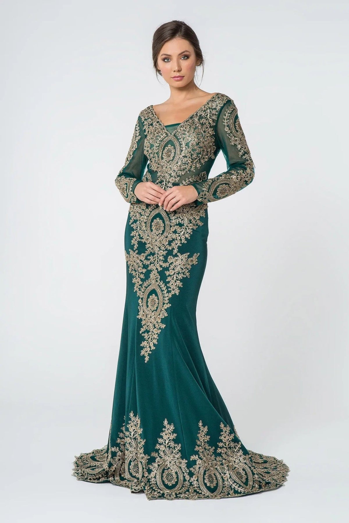 Teal embellished embroidery formal dress side detail