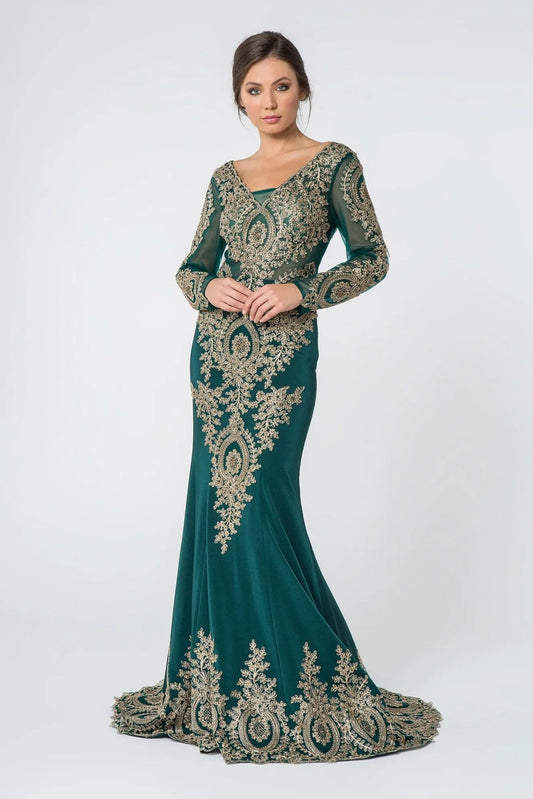 Side profile shows teal embellished embroidery formal dress side detail.