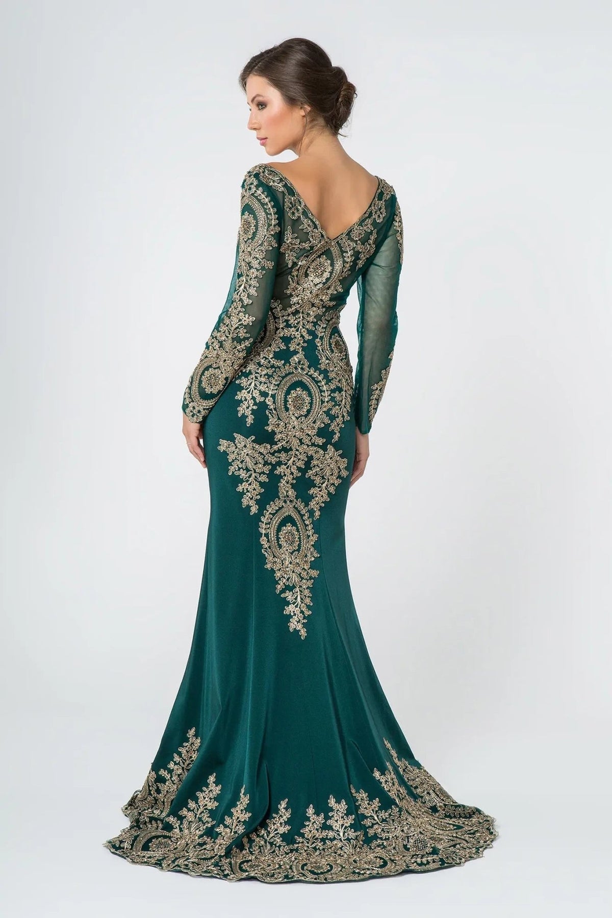 Teal embellished embroidery formal dress front bodice view