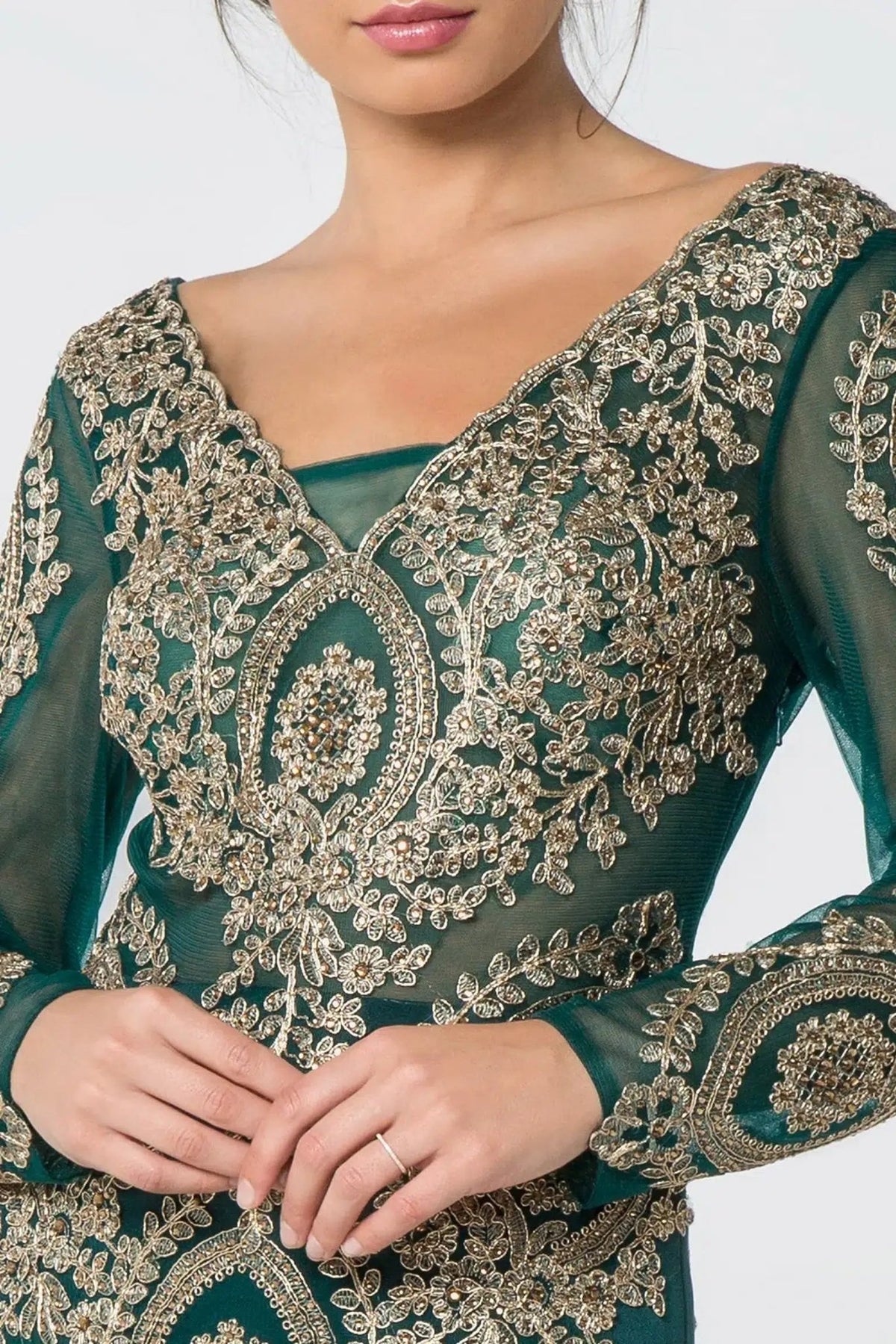 Teal embellished embroidery formal dress back bodice detail