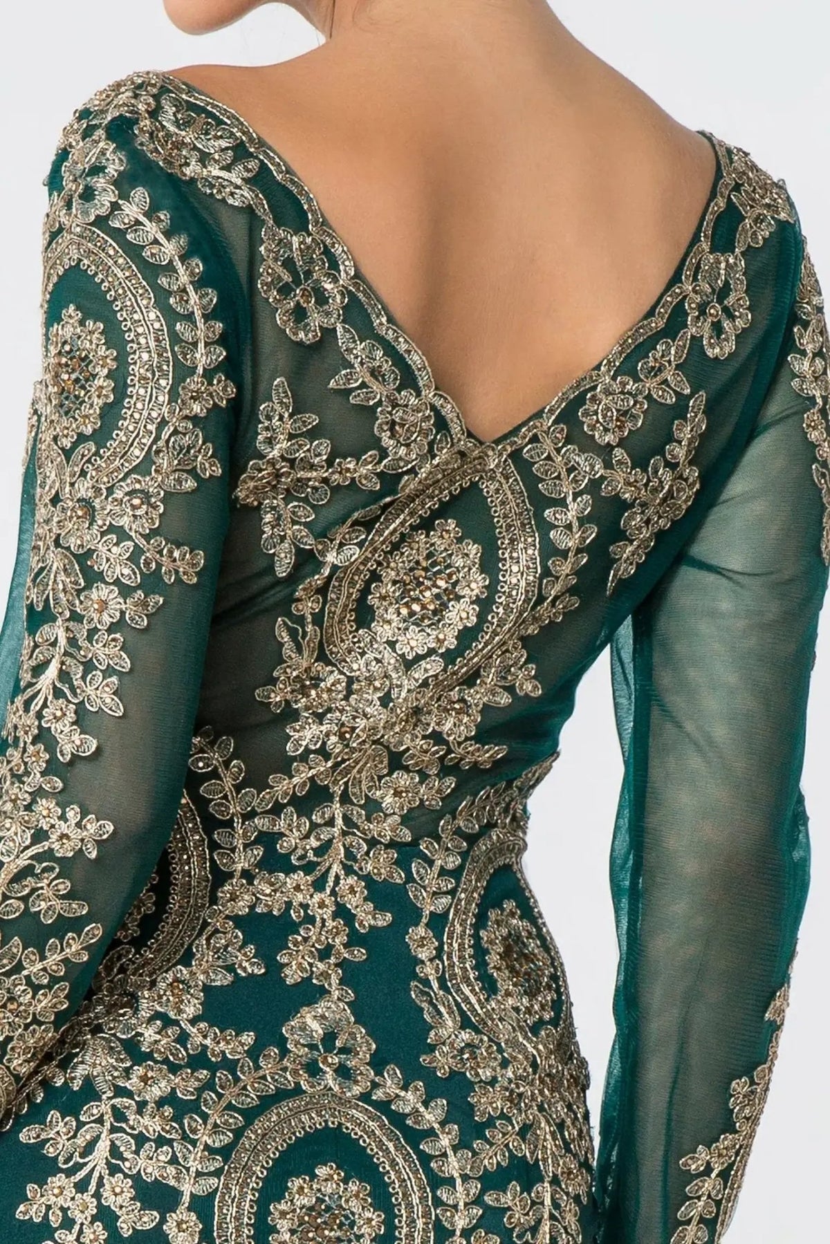 Teal embellished embroidery formal dress full back view
