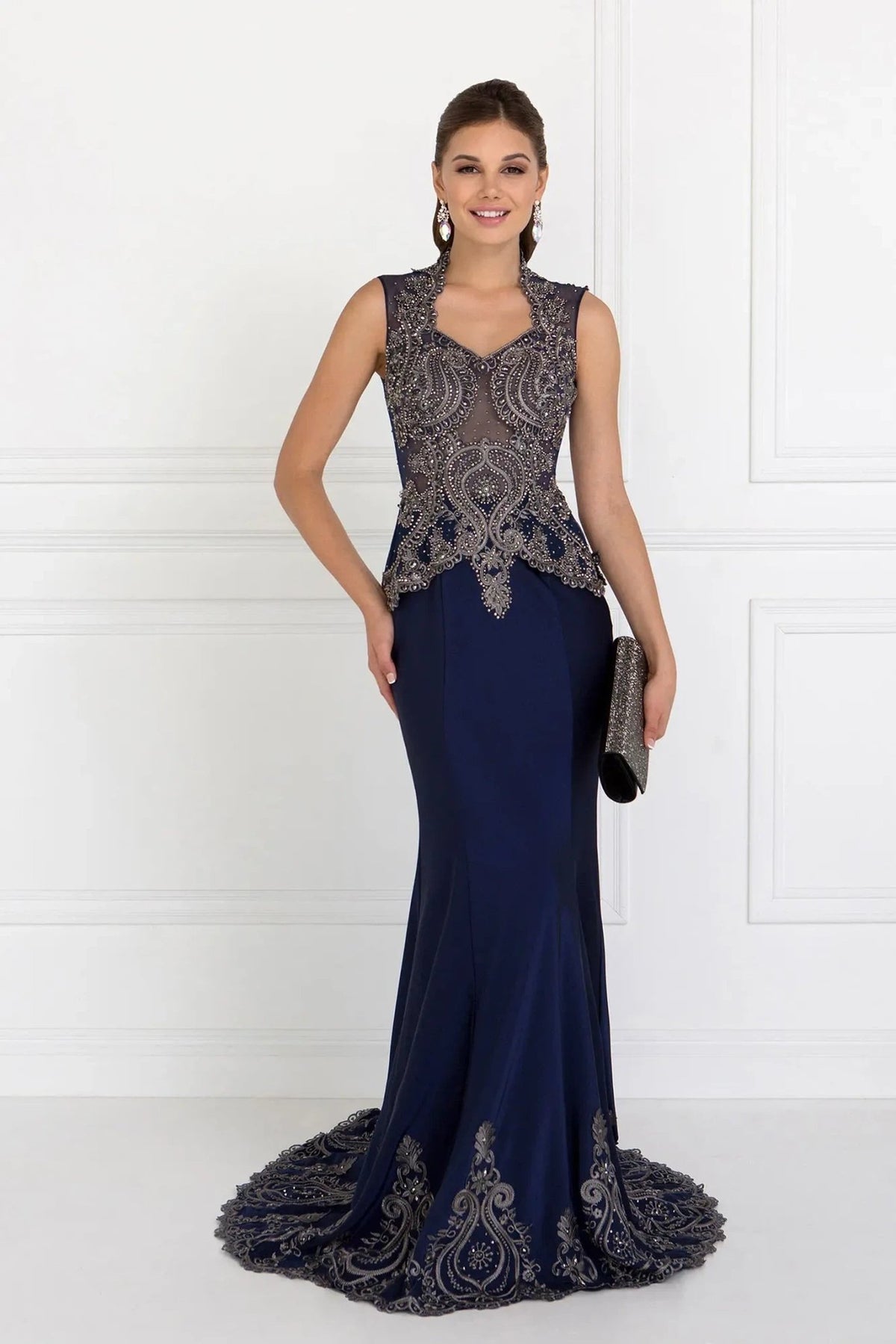 Navy embellished embroidery formal dress front bodice view