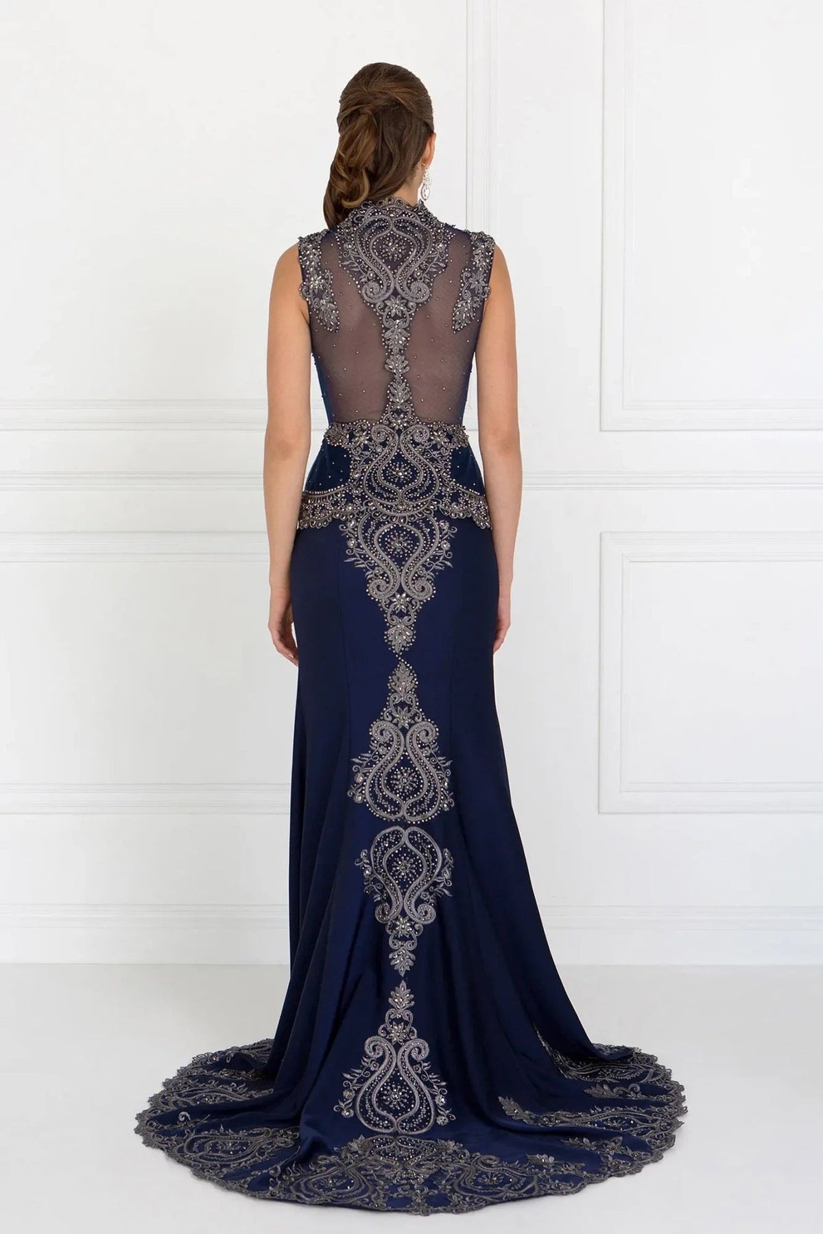 Navy embellished embroidery formal dress back bodice detail