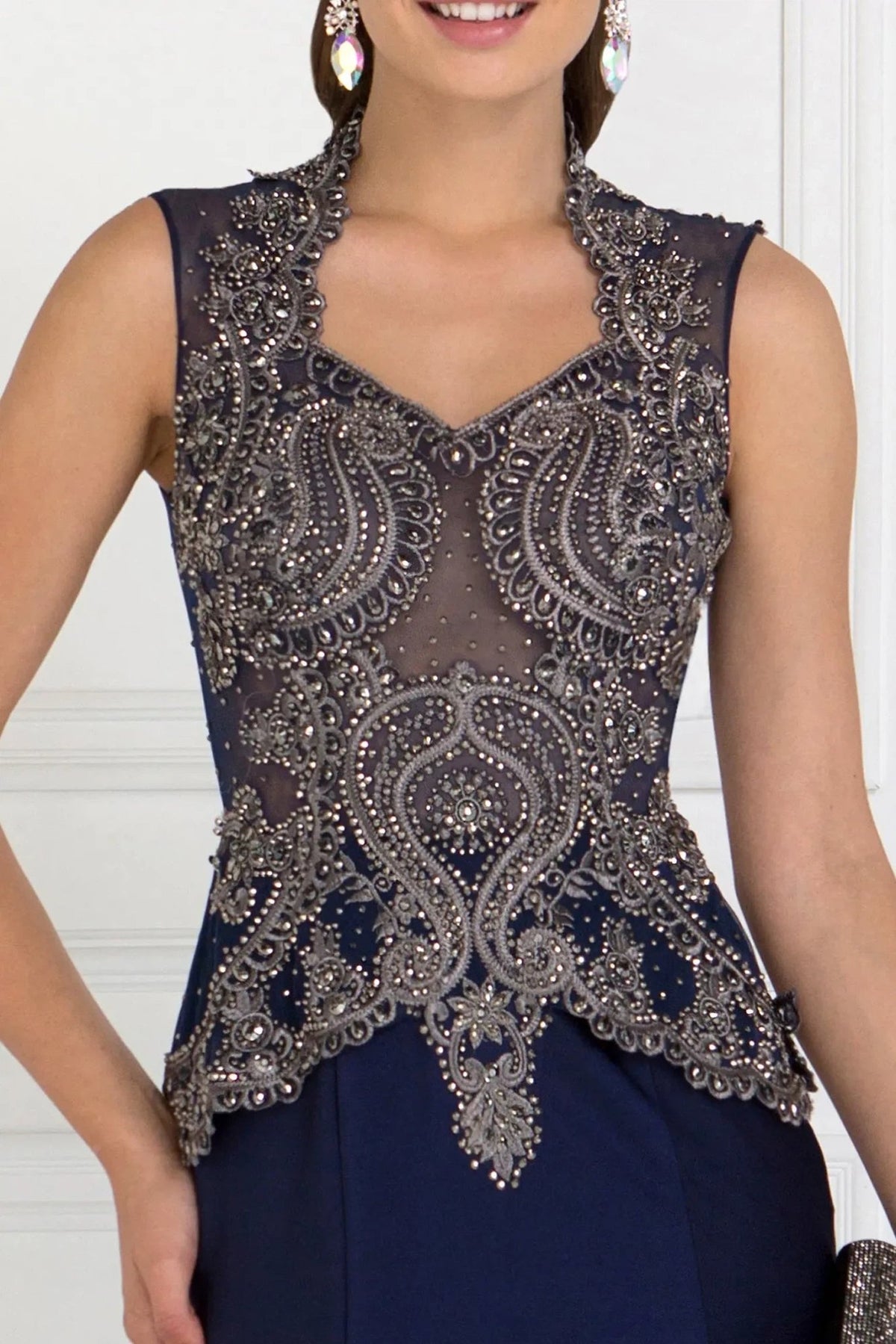 Navy embellished embroidery formal dress side detail