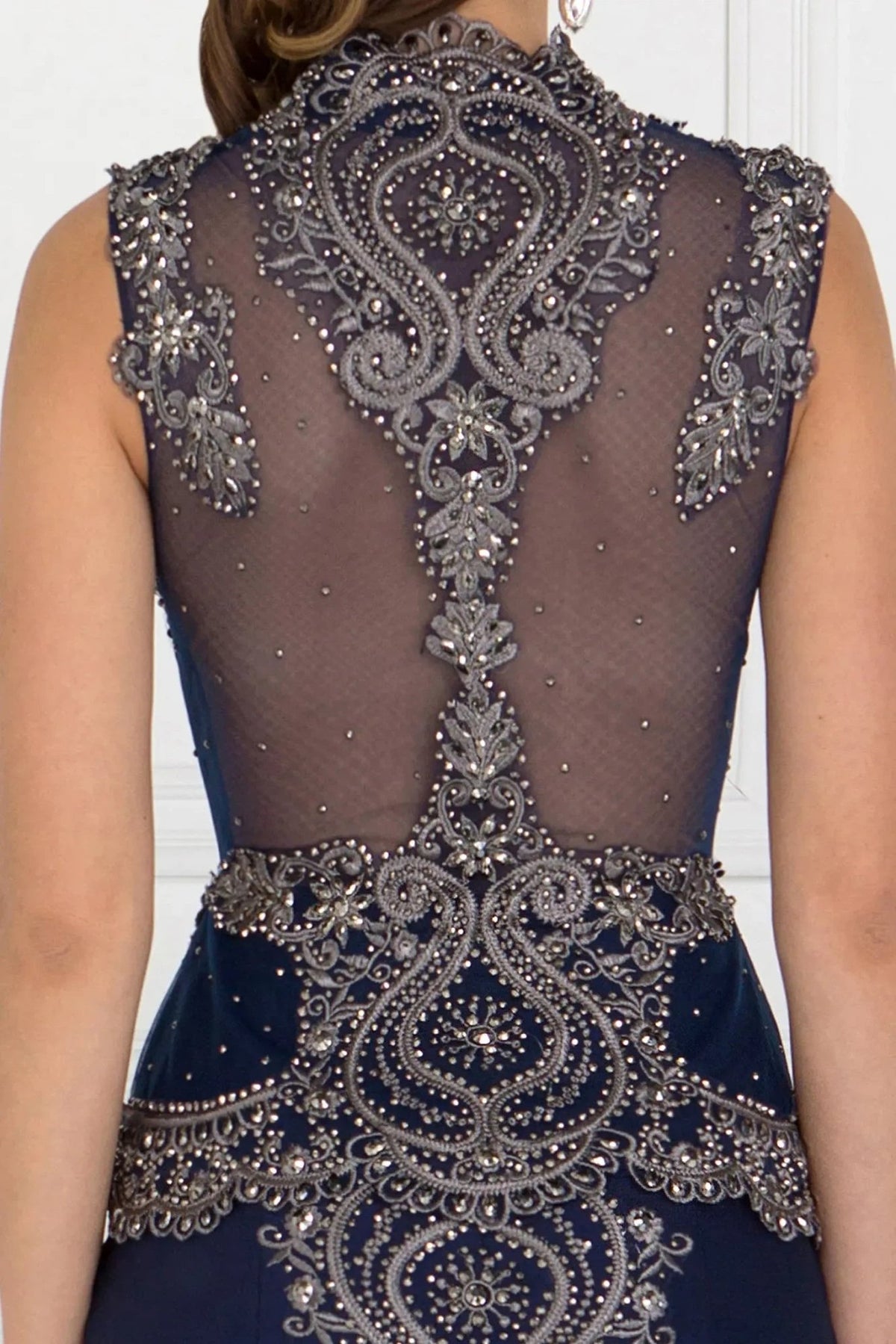 Navy embellished embroidery formal dress skirt detail