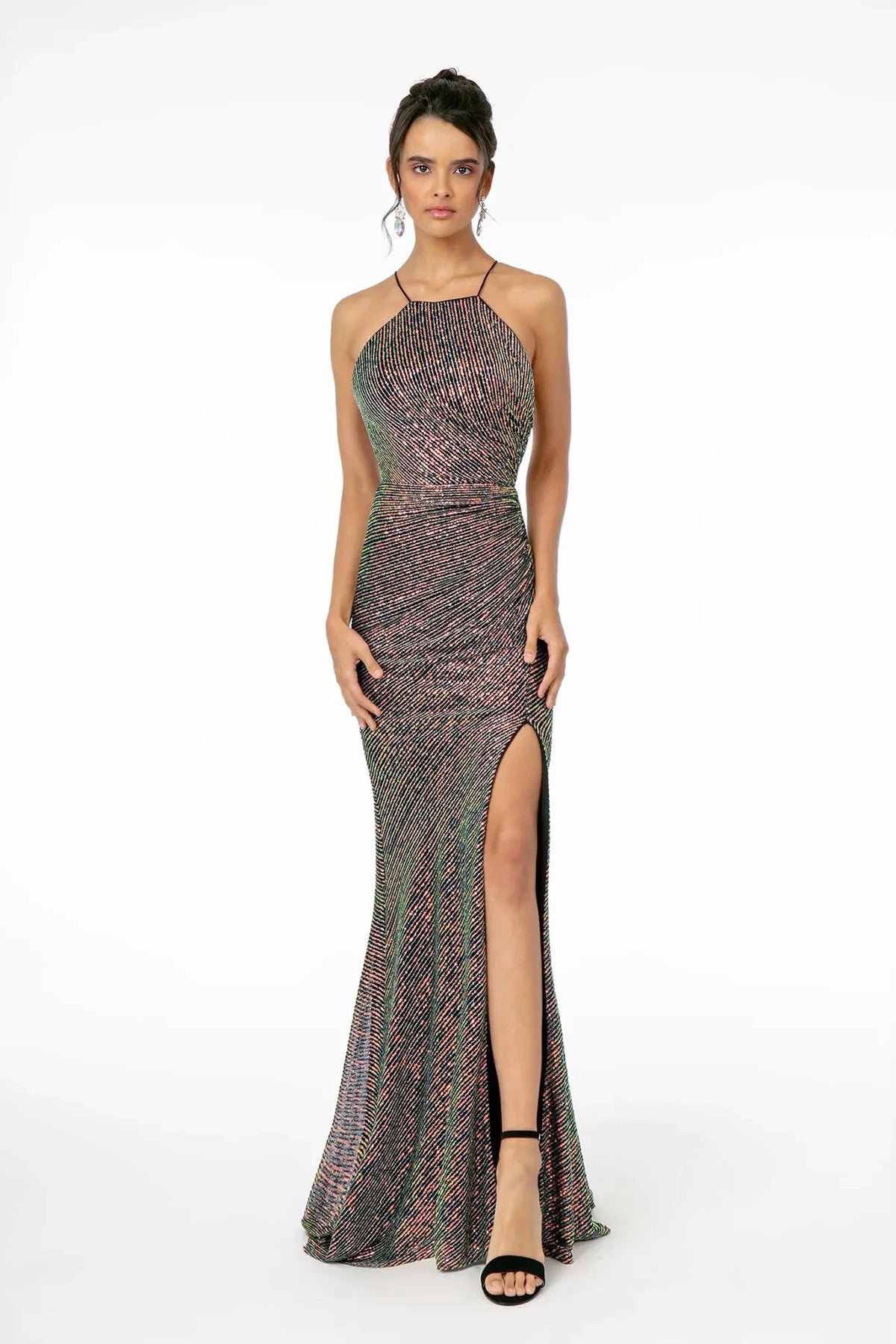 Navy Blue sequin prom evening dress full front