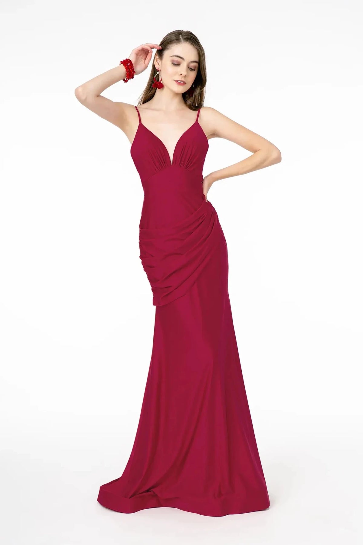Burgundy pleated prom evening dress full front