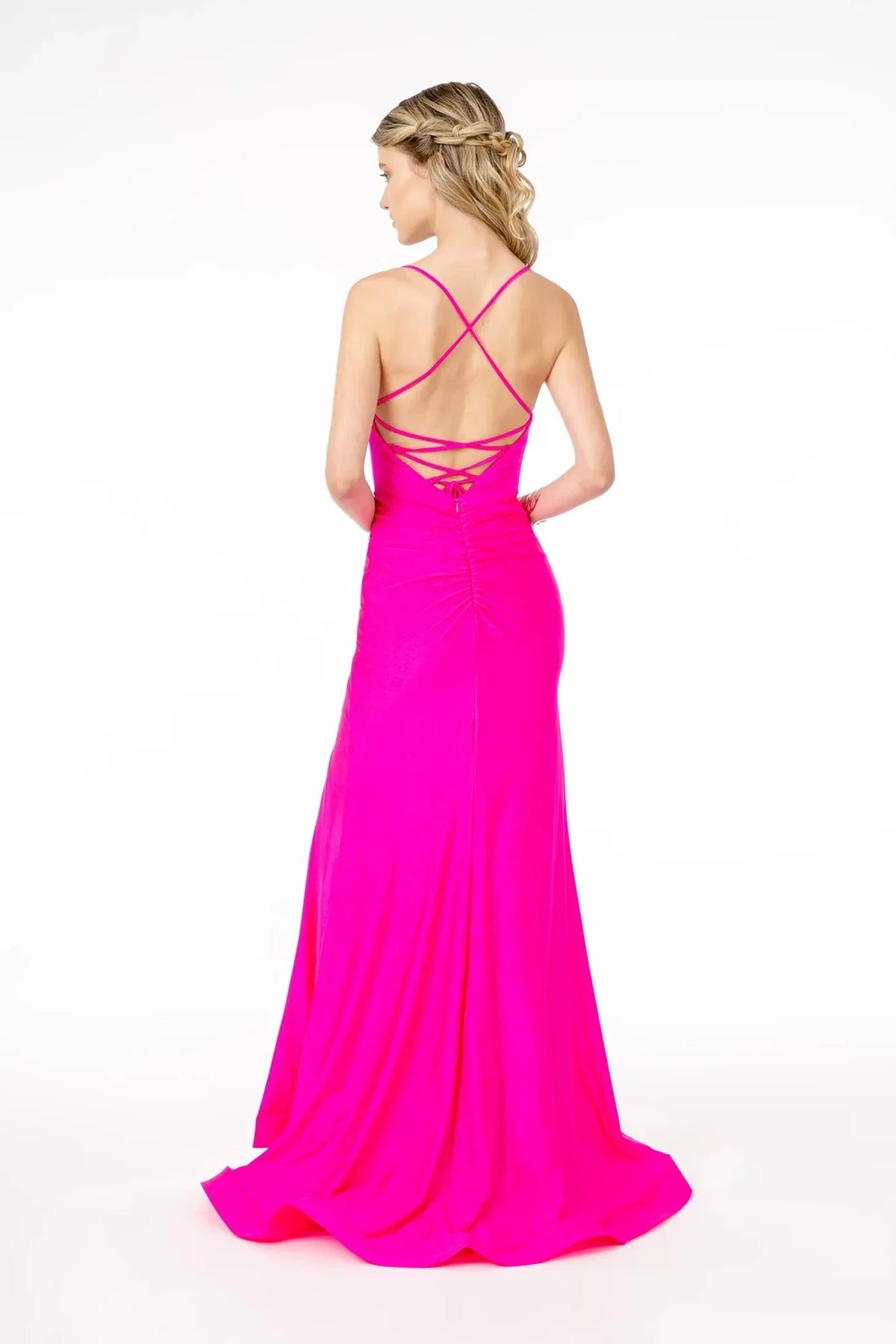 Fuchsia prom evening dress full back with lace-up back