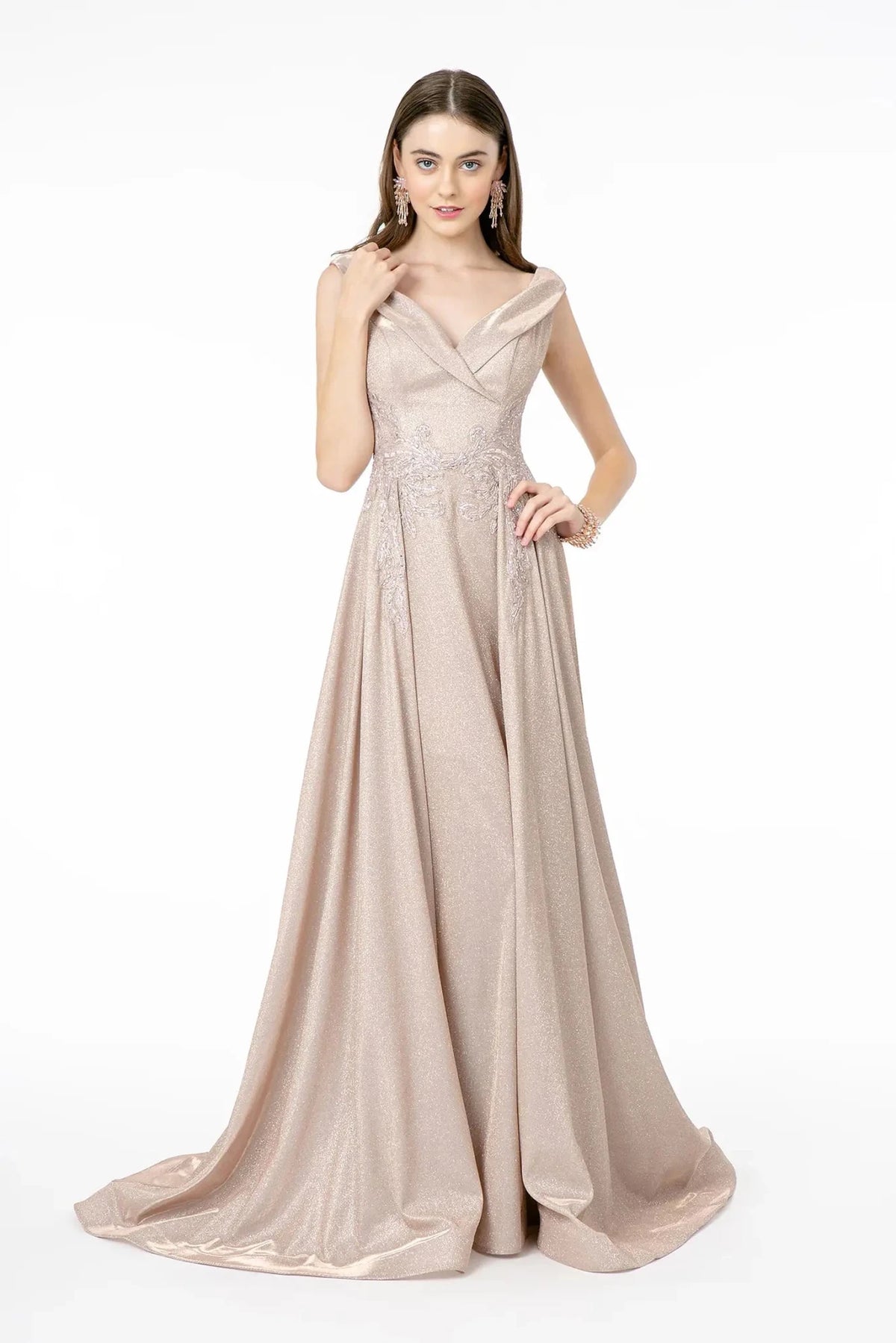 Mauve embroidered cap-sleeve prom evening dress full front