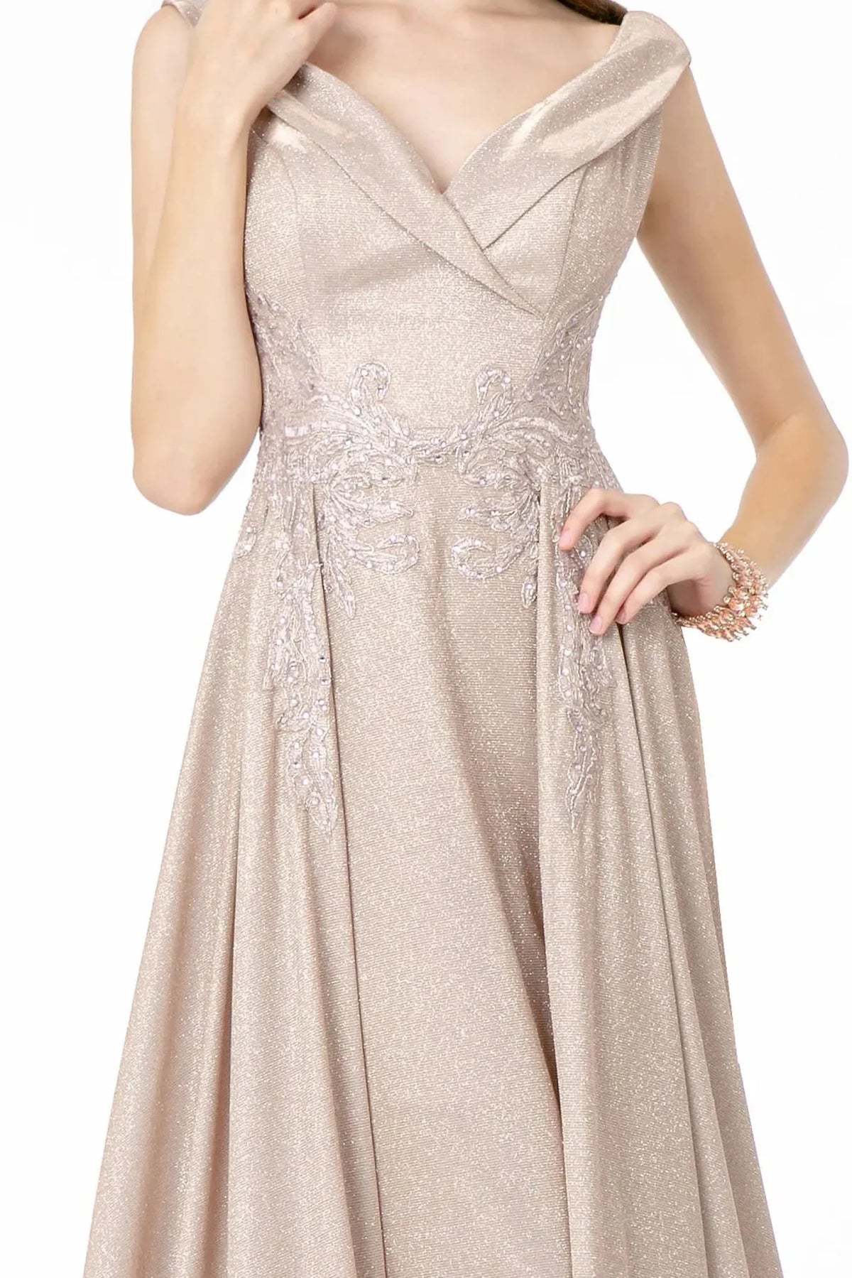 Mauve v-neck prom evening dress upper front with embroidery, jewel