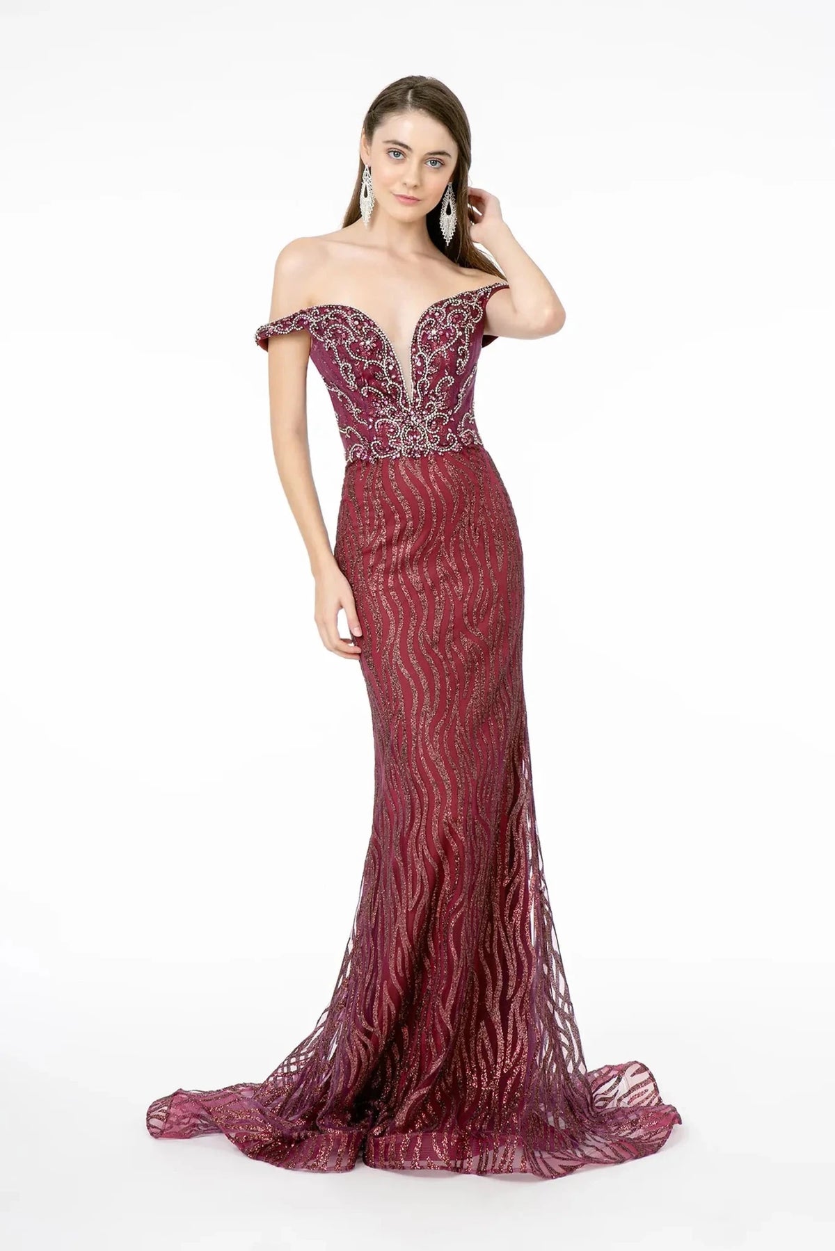 Wine beaded off-shoulder prom evening dress full front