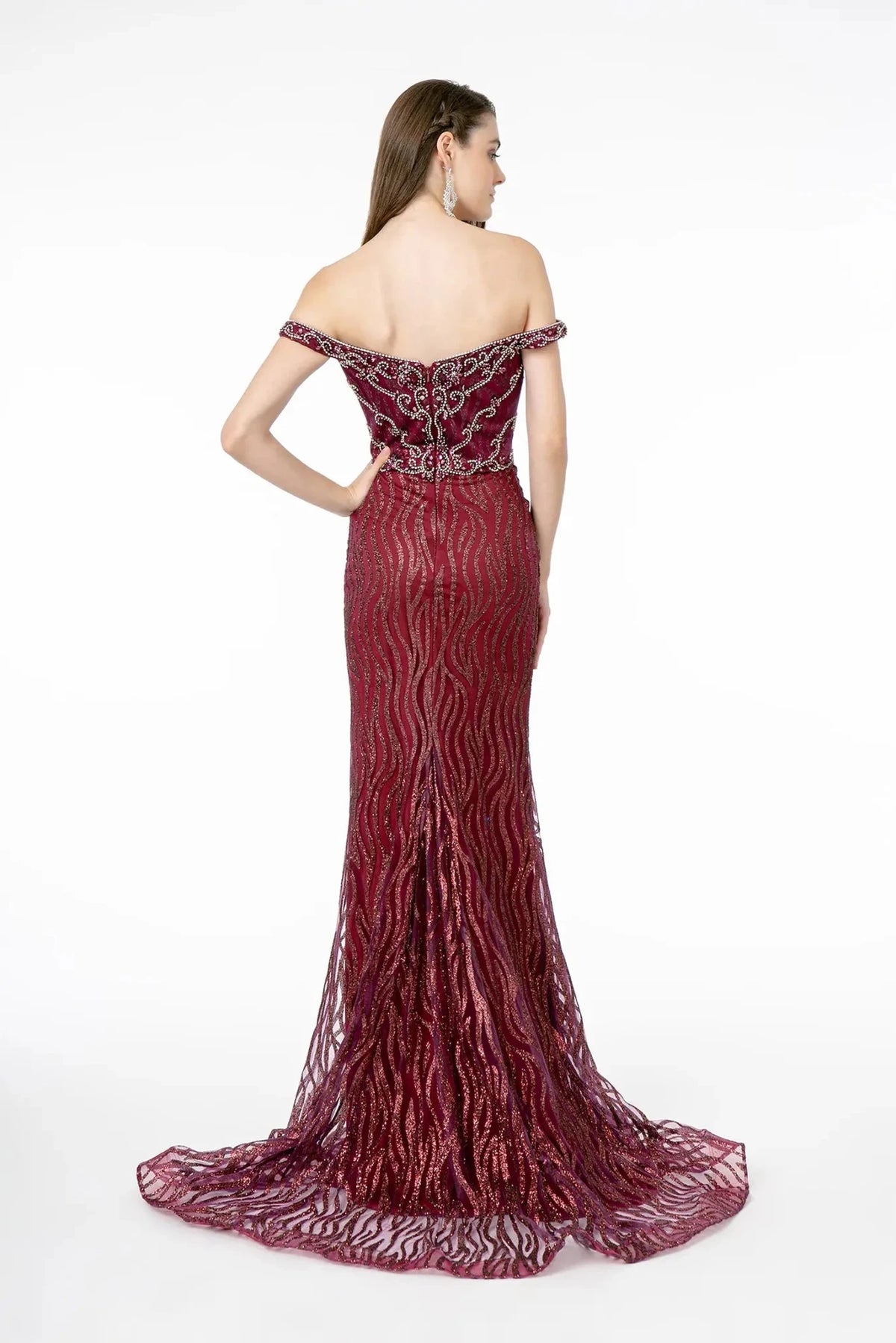 Wine prom evening dress full back with back detail