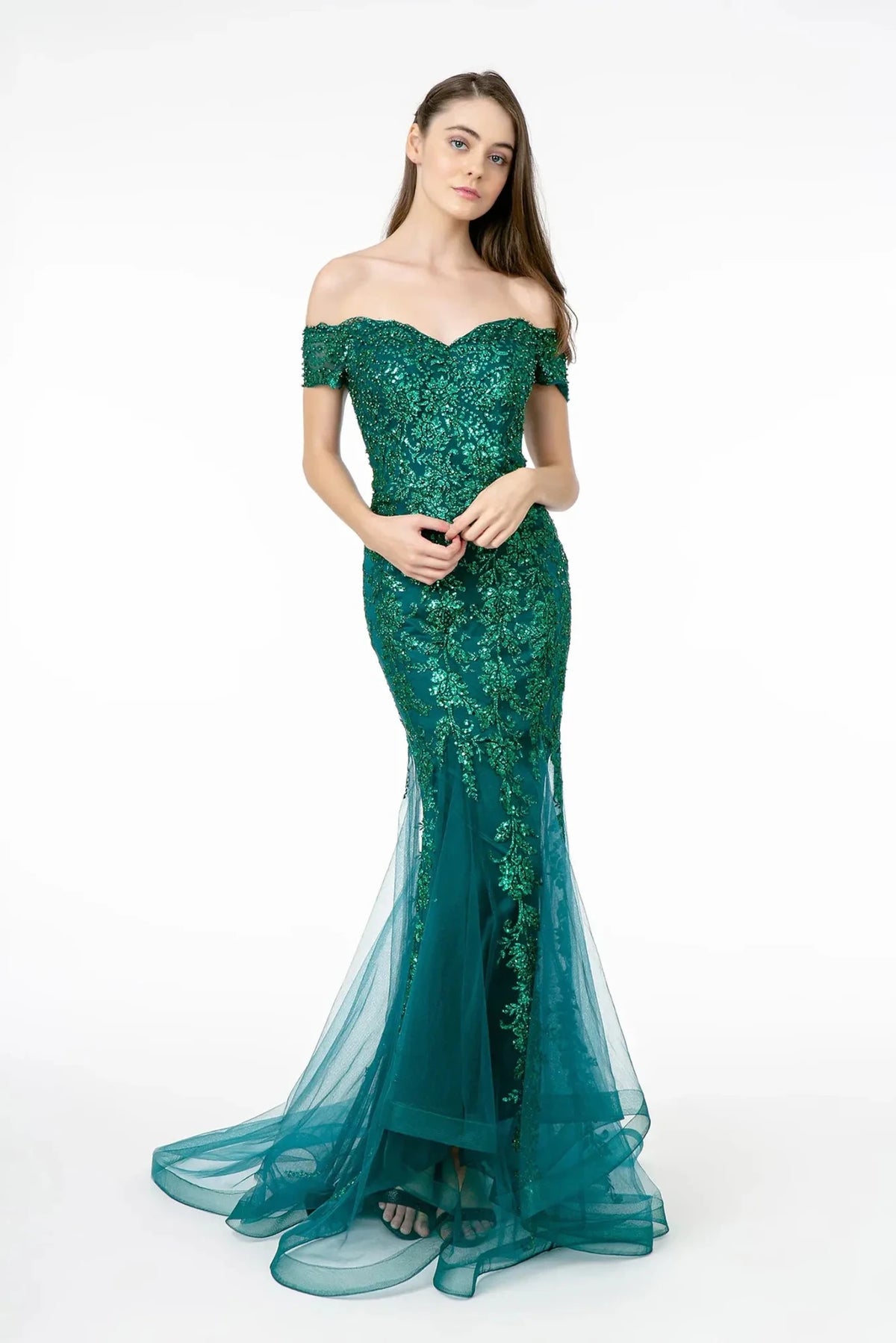 Green sequin off-shoulder prom evening dress full front