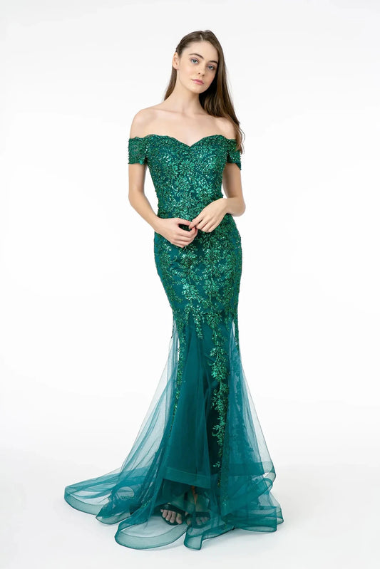 Full-length front view shows sequin off-shoulder styling on the Green prom evening dress.