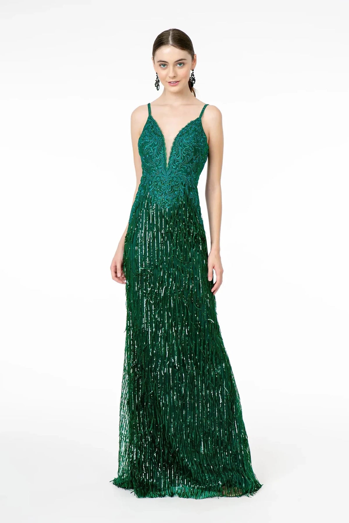 Green embroidered prom evening dress full front