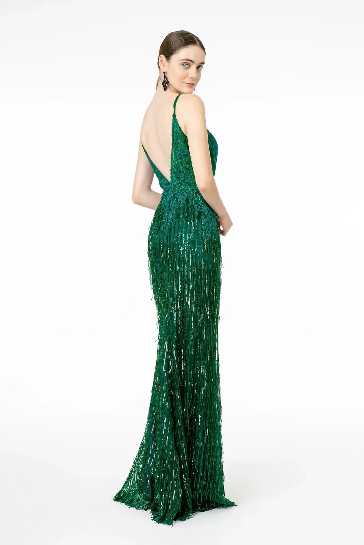 Green prom evening dress full back with open back