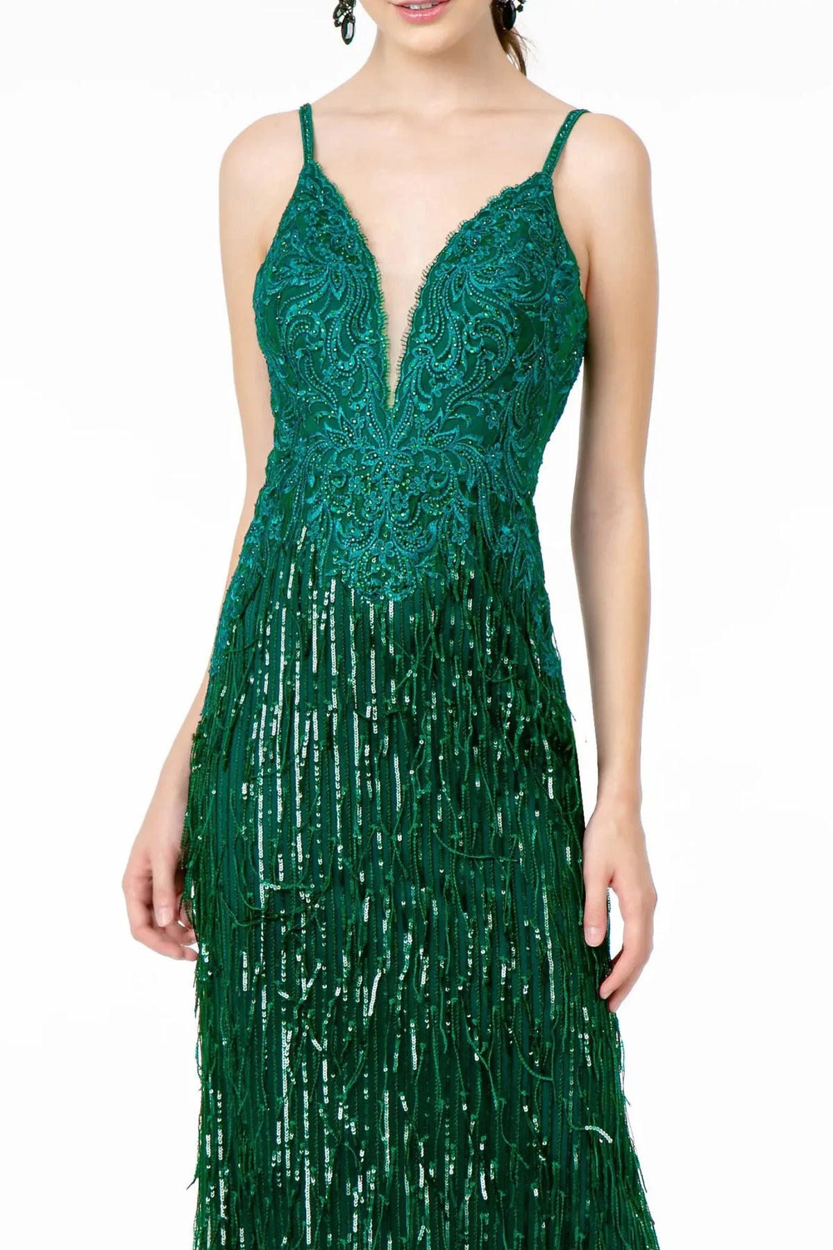 Green illusion v-neck prom evening dress upper front with embroidery, jewel, sequin