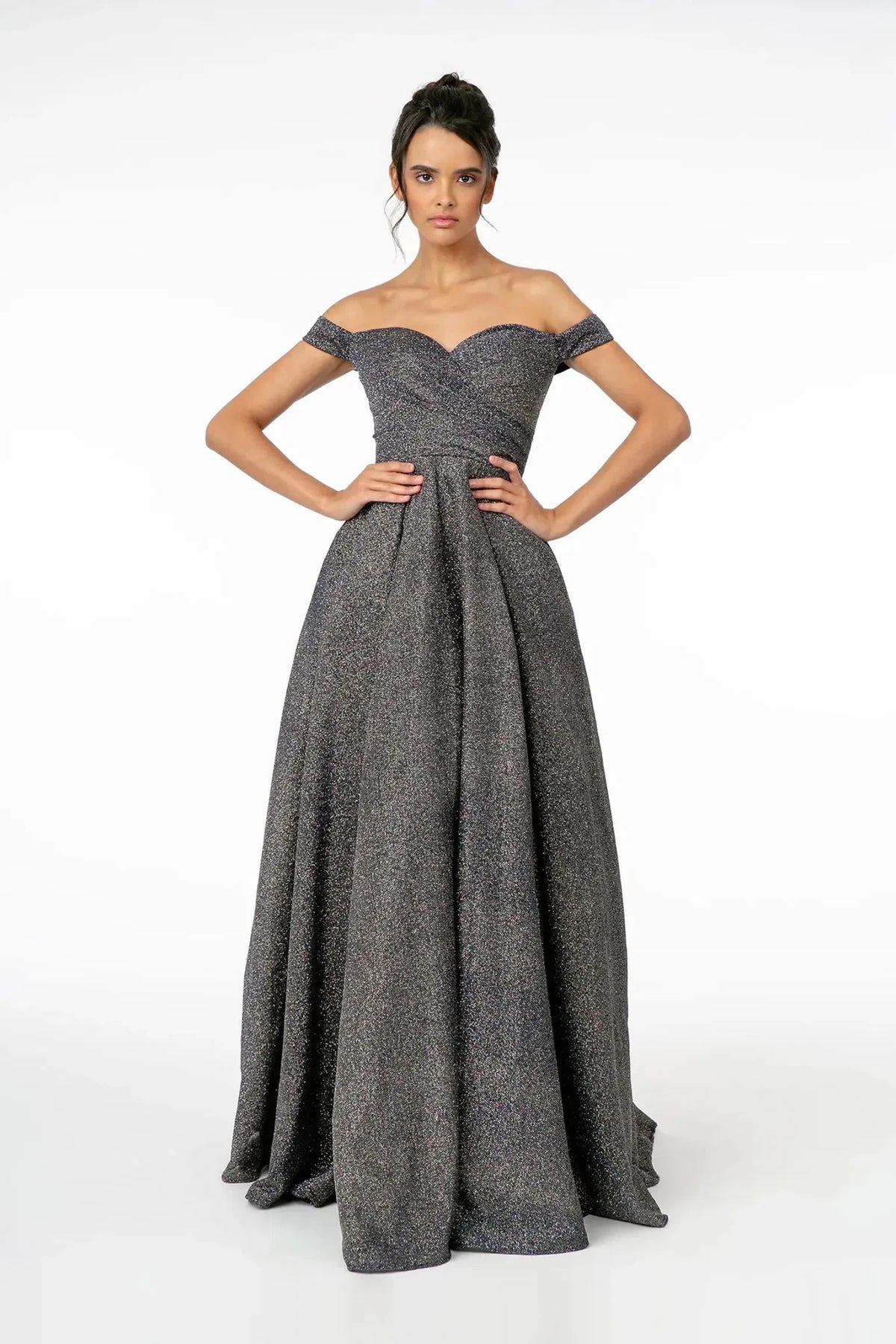 Navy glitter prom evening dress full front