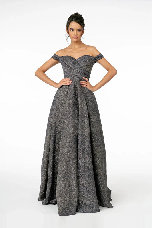 Full-length front view shows glitter styling on the Navy prom evening dress.