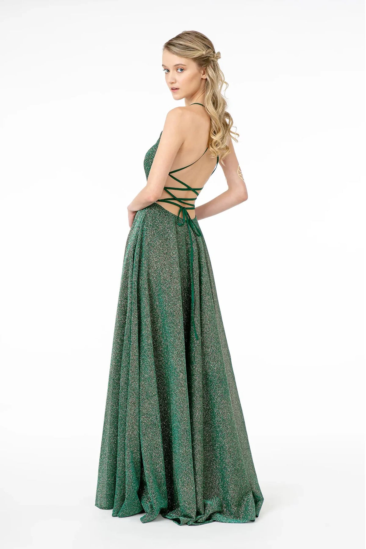Green mother of the bride dress with a lace-up open back